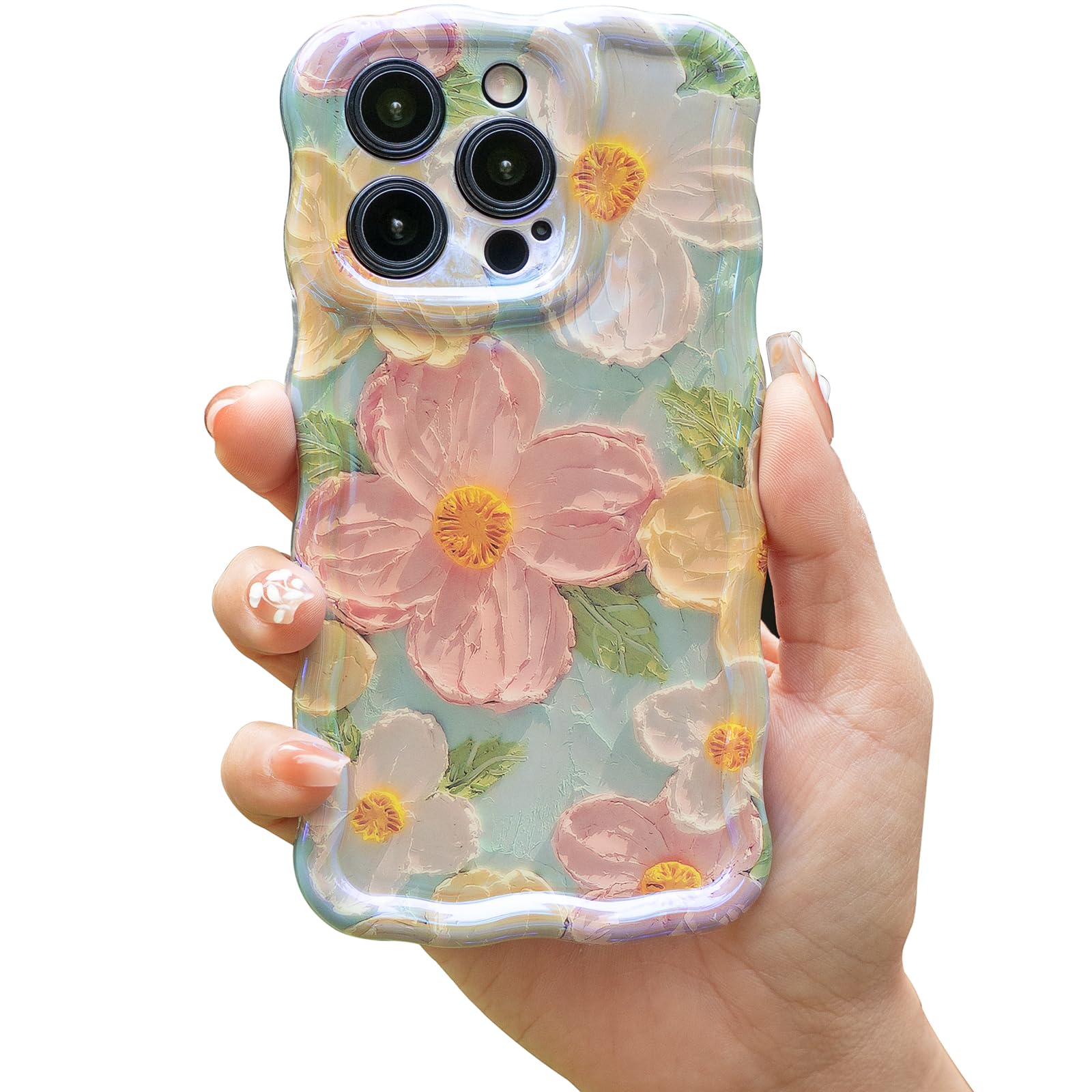 Cute Case for iPhone 13 Pro, Colorful Retro Oil Painting Printed Flowers Case, Fashion TPU Floral Laser Beam Glossy Pattern Curly Waves Frame Shockproof Protective Case Cover for Girl Women
