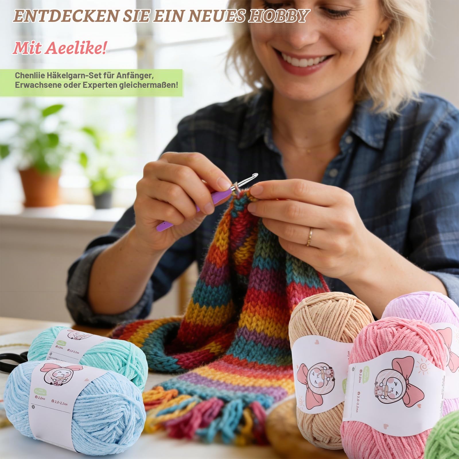 Aeelike Feines Chenille Garn zum Häkeln, 12×50g Chenille Yarn Set, Mützen