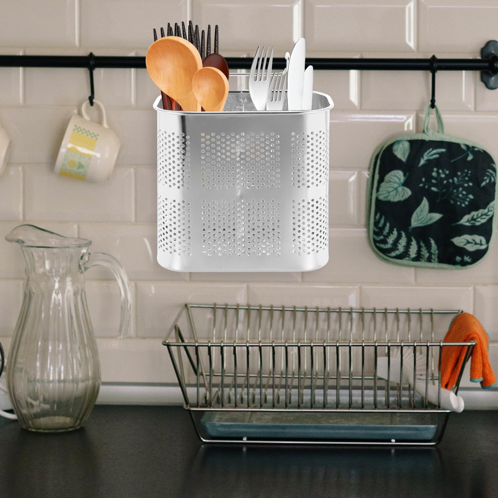 Cabilock Égouttoir À Couverts En Acier Inoxydable, Porte-Ustensiles De Cuisine Suspendu, Organisateur De Cuisine Pour Cuillères, Fourchettes Et Baguettes, Rangement Et Séchage