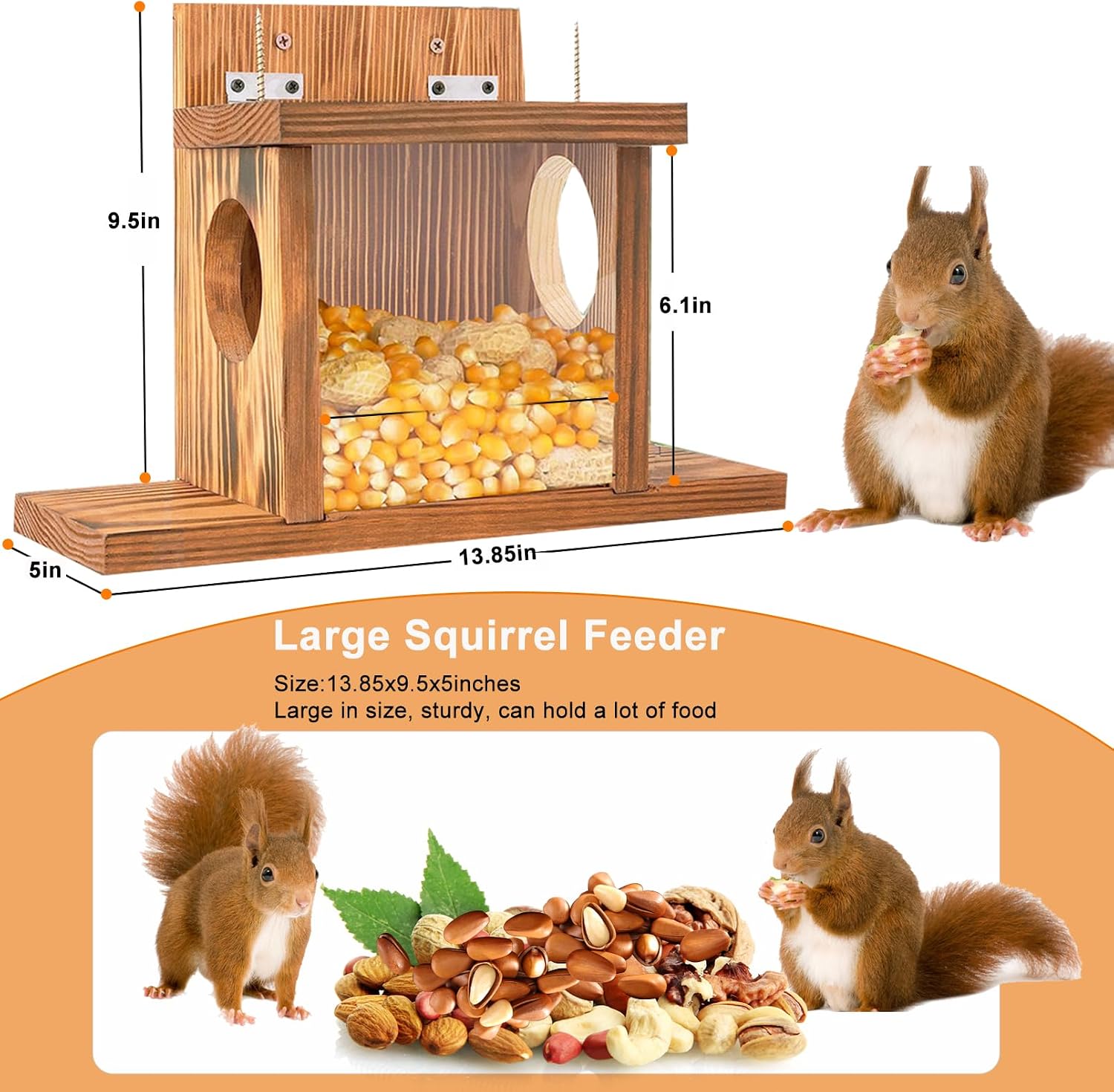 Squirrel Feeder, Squirrel Feeders for Outside, Wooden Squirrel Picnic Table Feeder Easy to Fill with Removable Front Panel for Corn, Peanuts