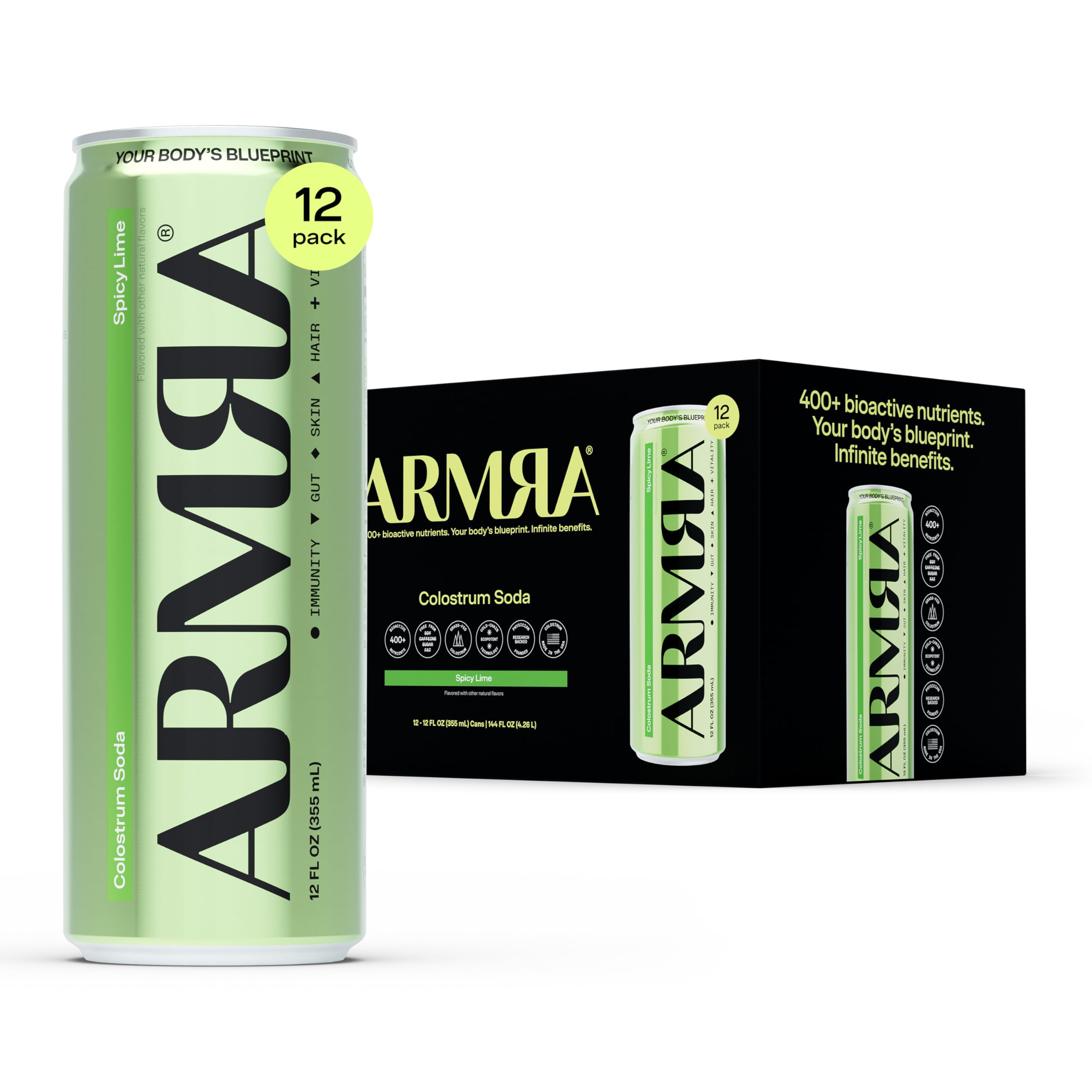 ARMRA Colostrum Soda, Spicy Lime, 12 pack