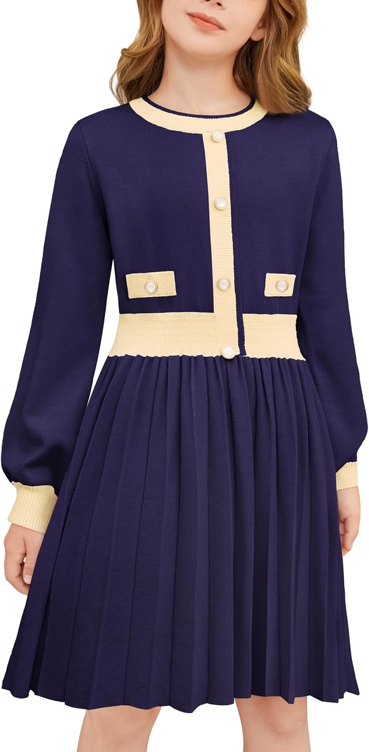 Cubear Girls Sweater Dress with Pockets, Crewneck Lantern Sleeve A-Line Striped Knit Warm Fall Winter Dress 5-14Y
