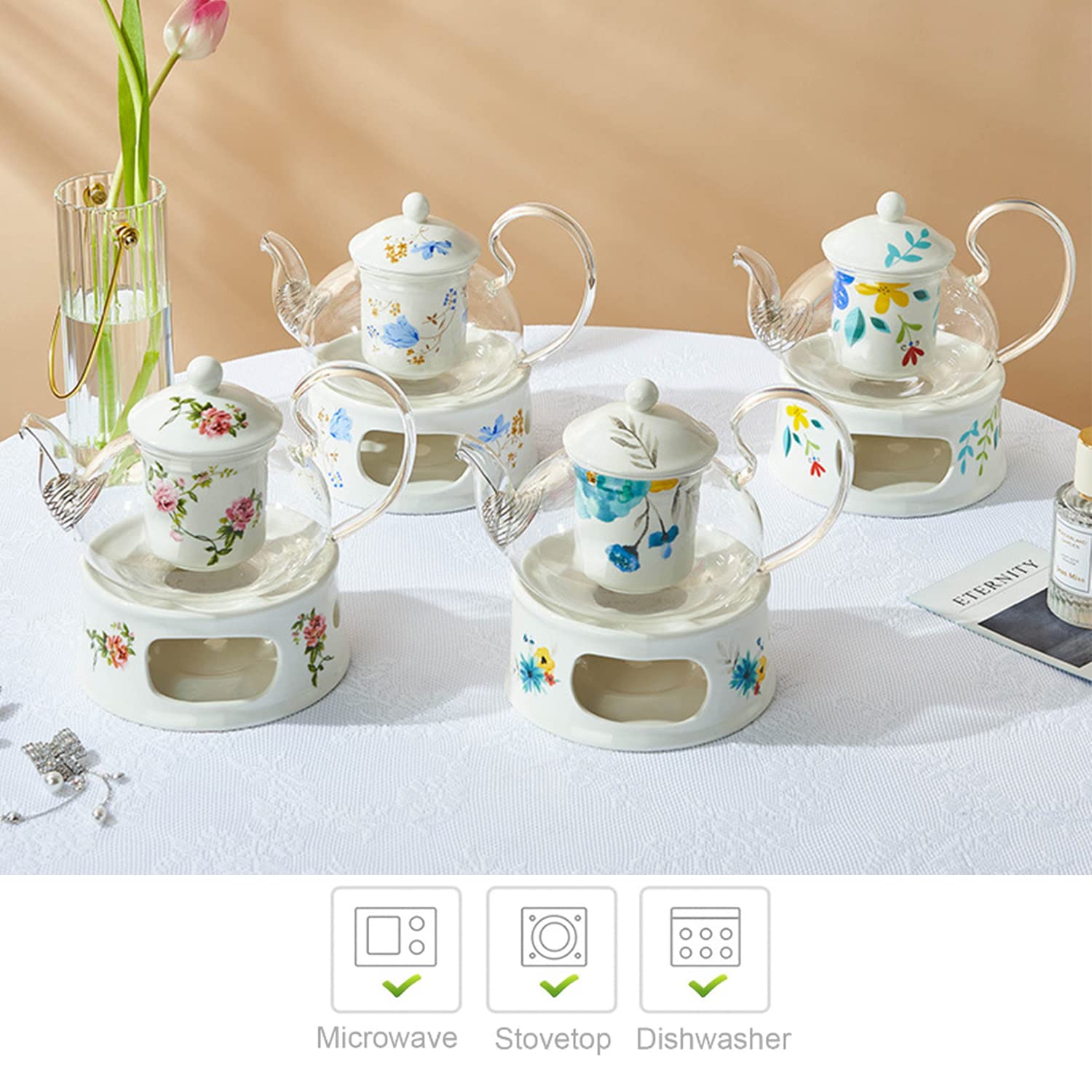 Glas-Teekannen-Stövchen-Set, 670 ml, Glas-Teekanne mit herausnehmbarem Tee-Ei und Kerzenhalter, Wärmer-Heizsockel, Elegantes Teekannen-Geschenkset, sicherer Wasserkocher für den Herd, Stil 1-7,67 x