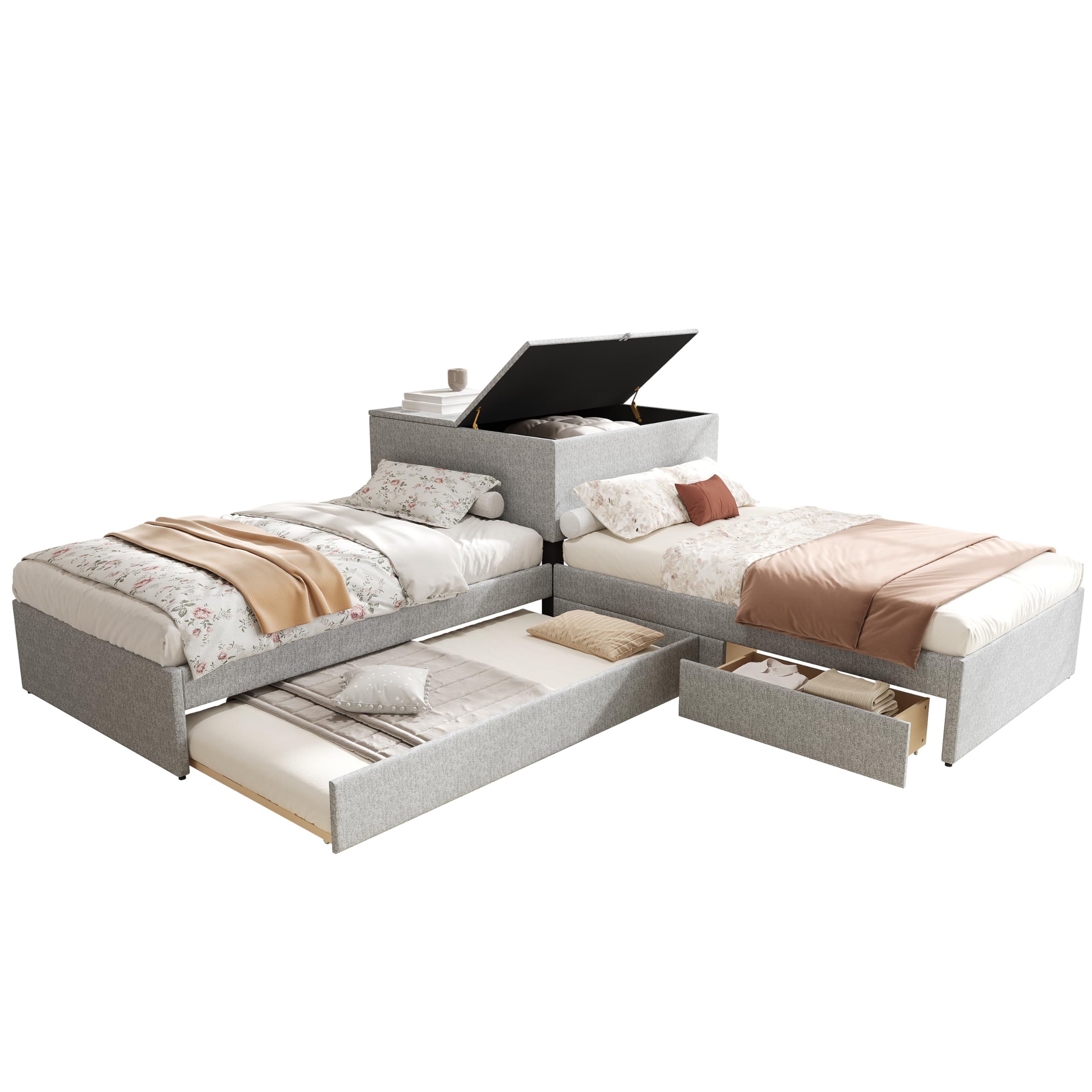 Cama esquinera, dos camas individuales con cama nido, cama tapizada, cama funcional con espacio de almacenamiento, con armario de almacenamiento, con cajón de almacenamiento, con cama nido (90 x 200