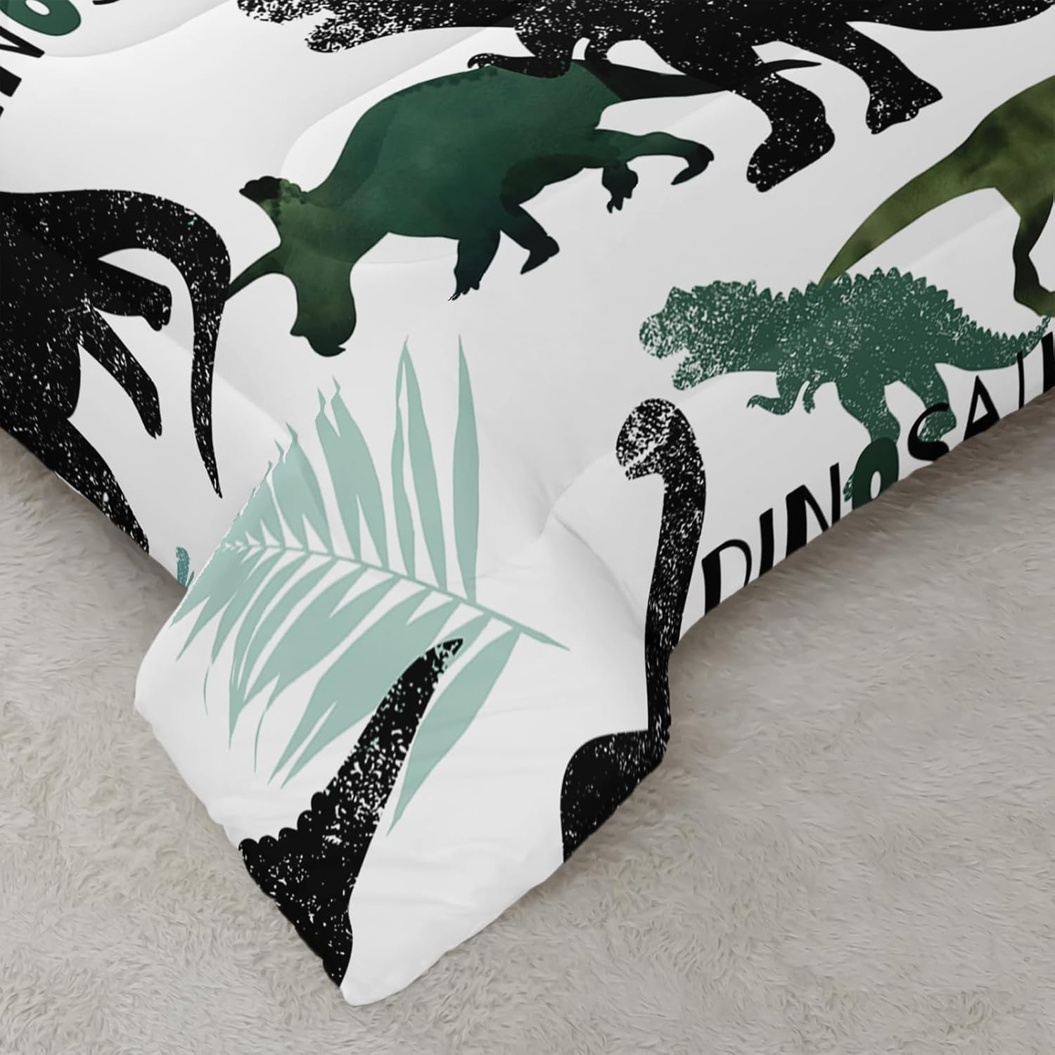 AILONEN Dinosaur Twin Kids Bedding Set,Black and Green Dinosaur Comforter Set All Season,Tropic Leaves and Roaring Dinosaur Silhouette Printed Soft Comforter with 2 Pillowcases for Boys - Image 4