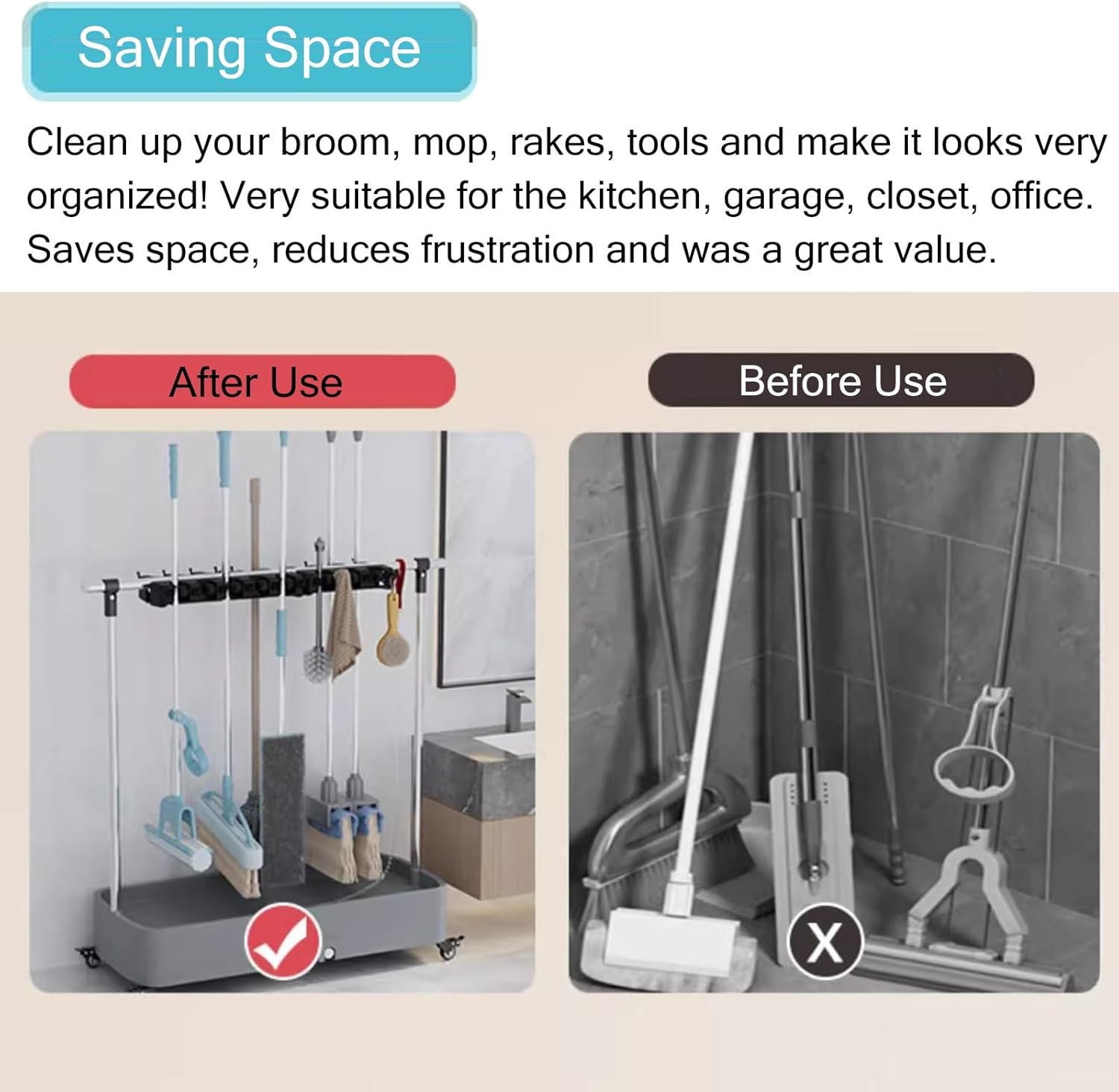 Cleaning Tool Cart Storage For Hotels Restaurant Schools and Home Office, Stand Alone Mop and Broom Holder for Bathroom/ Kitchen/ Laundry Room, Quick Drainage ( Color : Style-1 , Size : 5 Pole Clip )