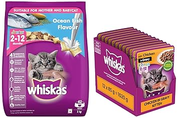 Whiskas Kitten (2-12 Months) Dry Cat Food, Ocean Fish with Milk, 3kg Pack & Wet Food for Kittens (2-12 Months), Chicken in Gravy Flavour, 12 Pouches (12 x 85g)