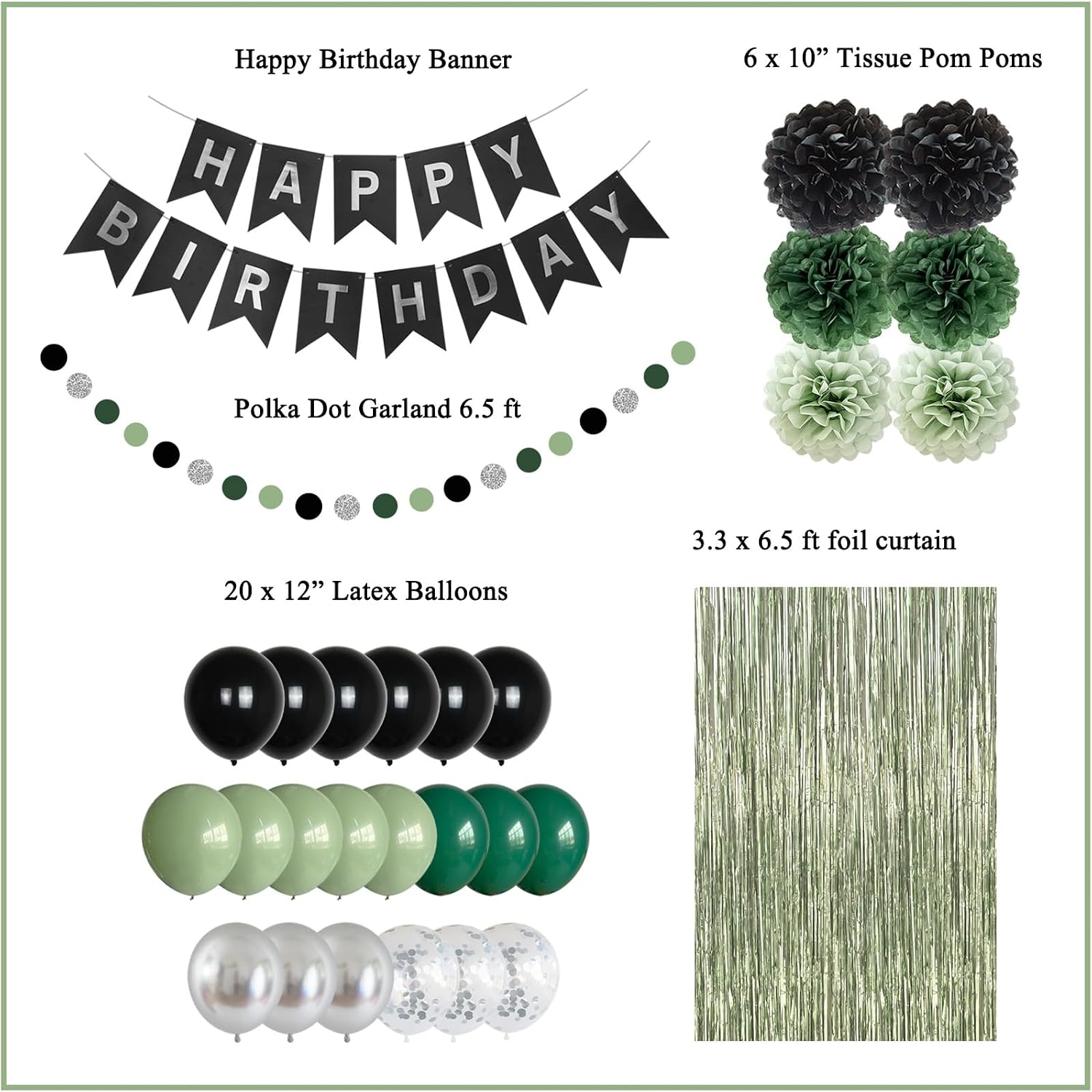 ANSOMO Sage Green and Black Happy Birthday Party Decorations Men Boys Him | Banner, Balloons, Foil Curtain Garland, Tissue Pom Poms, 30th 40th 50th 60th 70th 80th 90th 100th Gift Decor Supplies