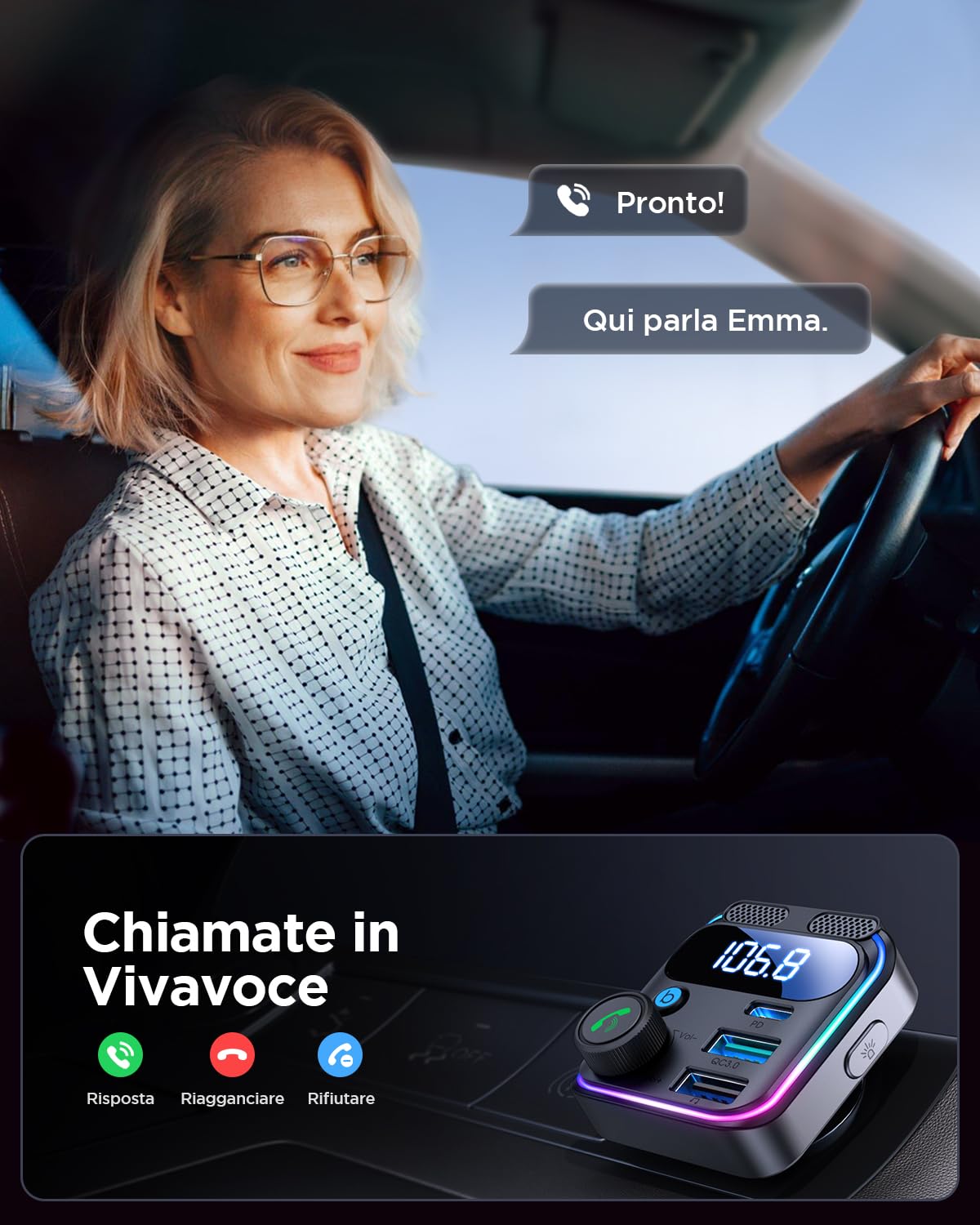 JOYROOM 81W Trasmettitore FM Bluetooth 5.4 per Auto【Bassi & Stereo Hi-Fi】Vivavoce Adattatore Bluetooth Auto【45W PD & 36W QC 3.0】Doppio Microfono Supporto Bluetooth & Disco U per iPhone 17