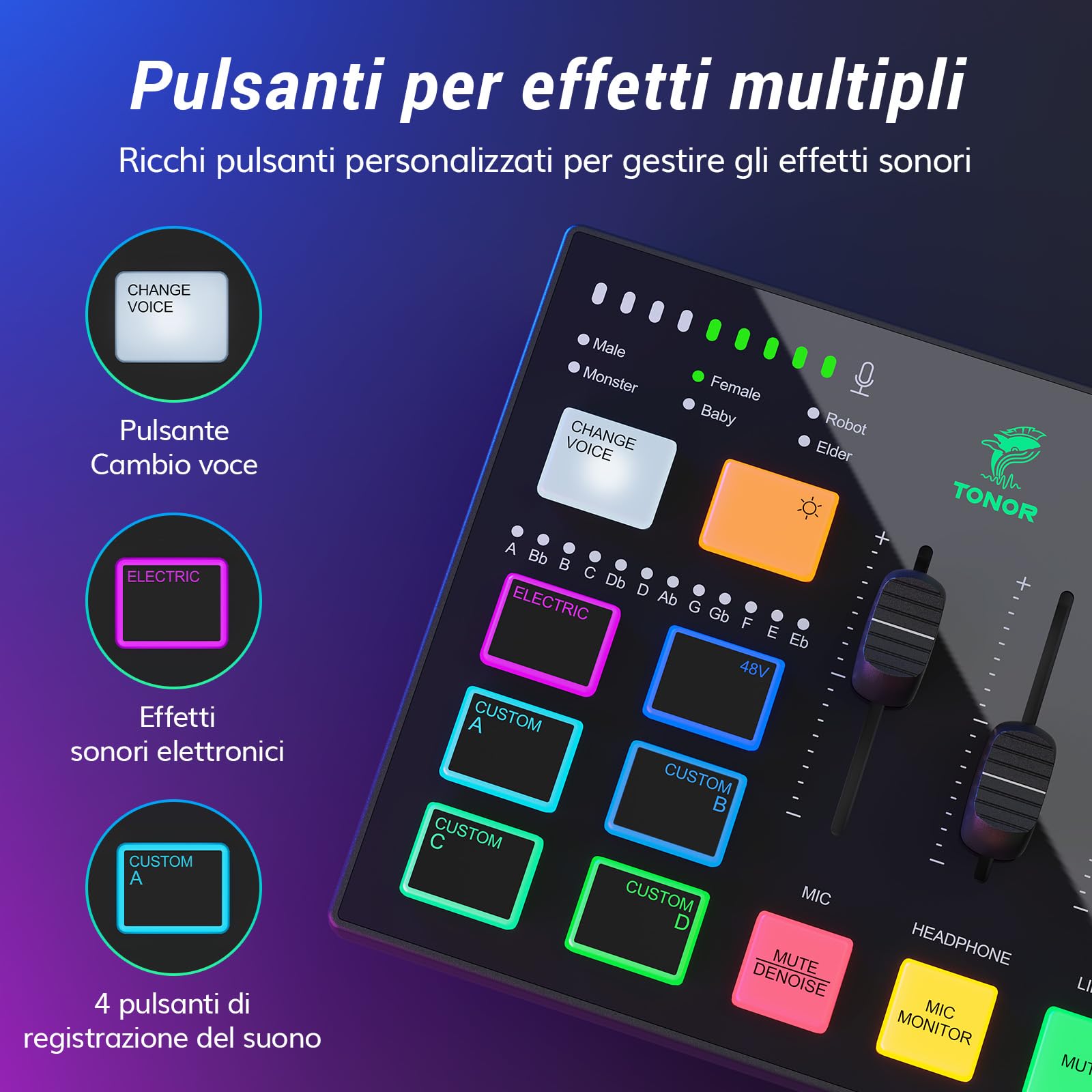 TONOR Gaming Audio Mixer, RGB Audio Interface con Canale XLR da 6,35 mm per Gaming,Streaming,Podcasting, Registrazione,Creazione di Contenuti,Controlli Volume Indipendenti,Ingresso Strumento, TX310
