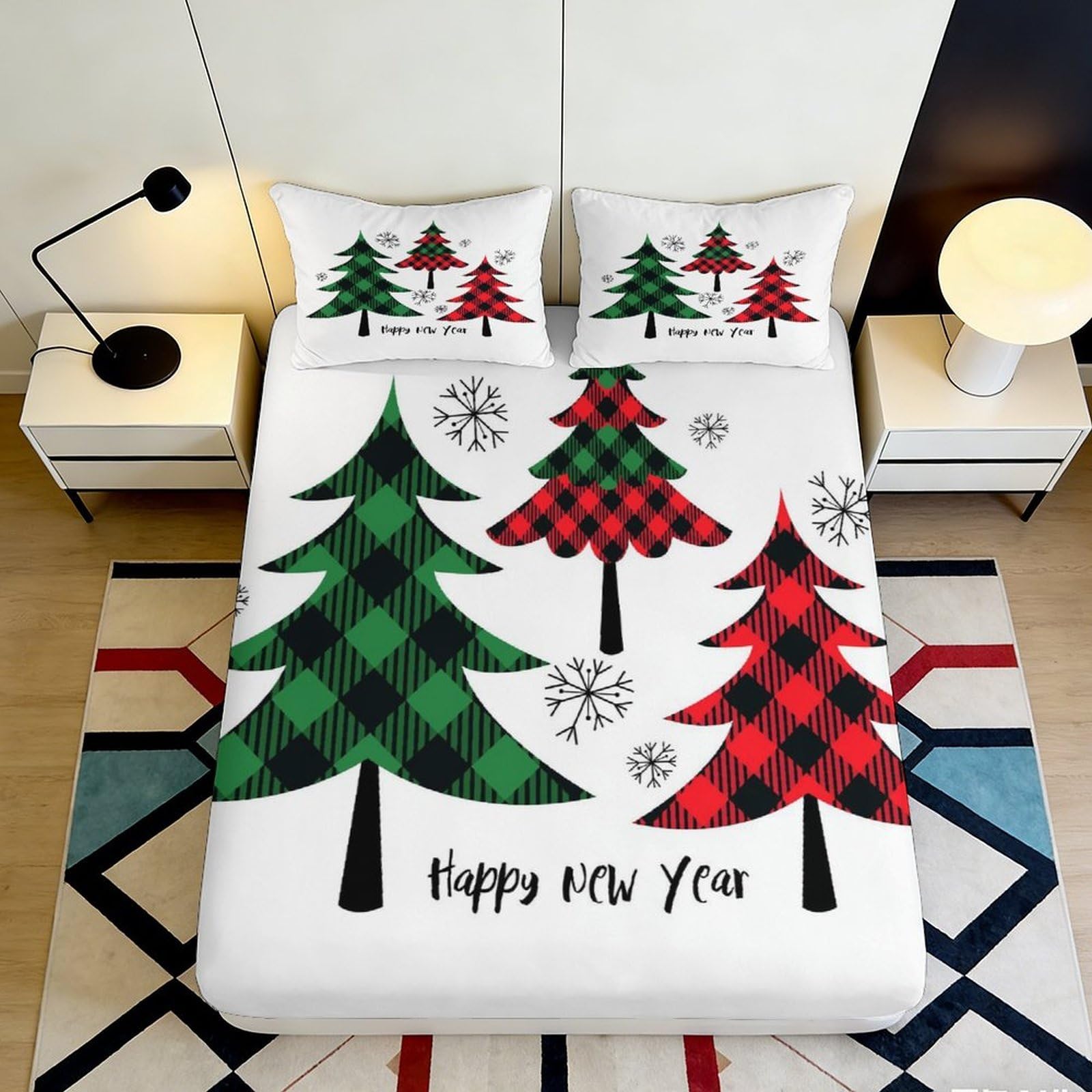 3D Printed Christmas Plaid Tree Fitted Sheet Microfiber Soft Snowflake Bed Cover for Bedroom Dorm Mattress Protection 200x200x25cm