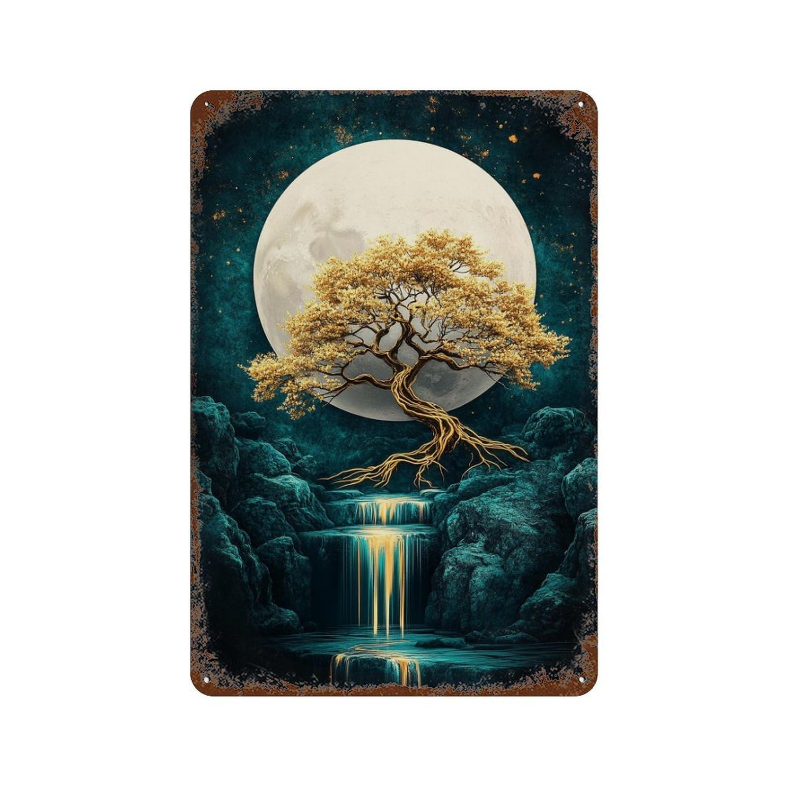Full Moon Serenity Landscape -1 Distressed Metal Wall Sign 11.8"x7.9", for Garage, Bar And Workshop Decor, Decorative Metal Wall Art