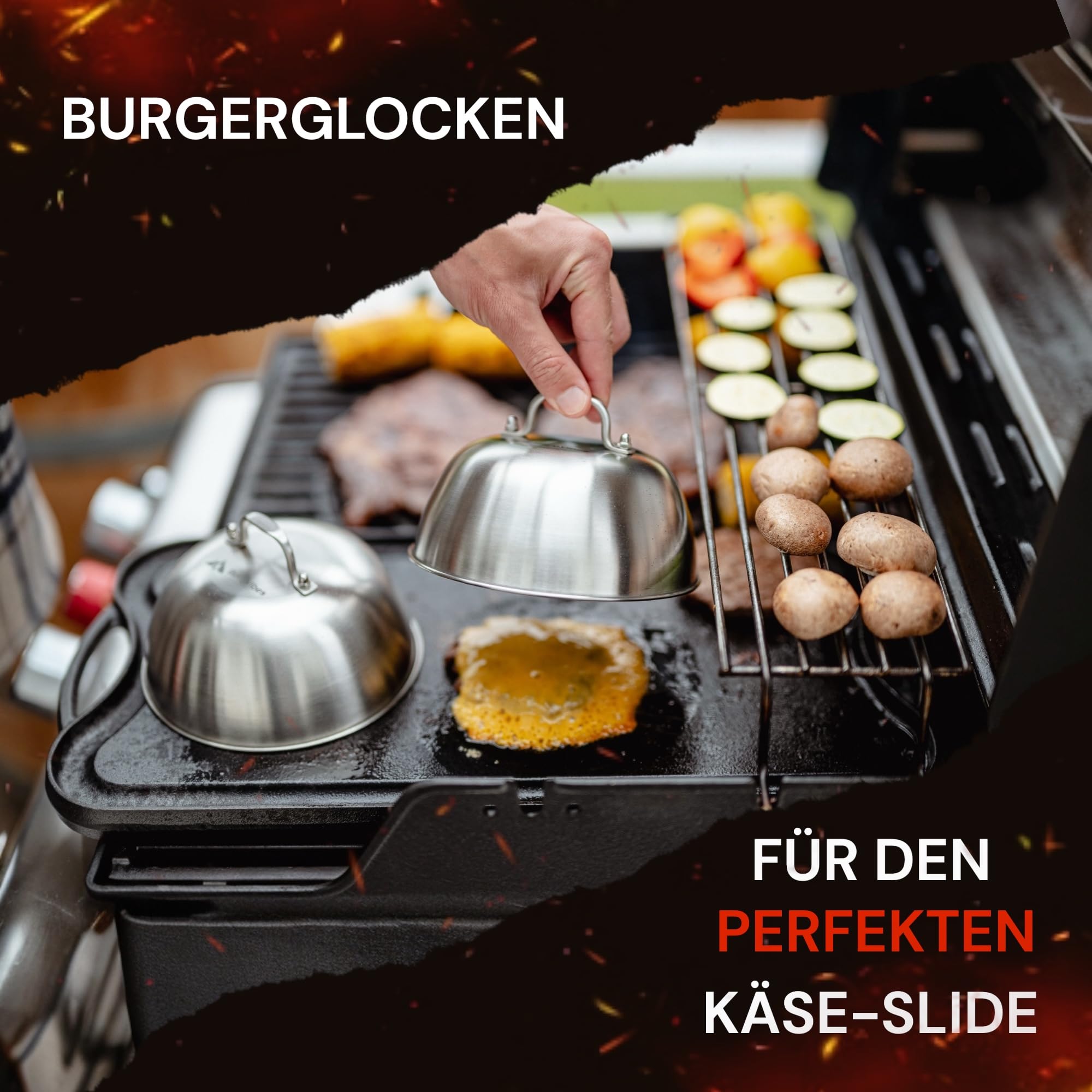 Smash Burger Set 6 TLG. aus Edelstahl für Plancha, 2 Burgerglocken, Burgerpresse, Smasher, Pattywender, Grillzange, Burger Smasher Set, das ideale Geschenkset (Exklusive)