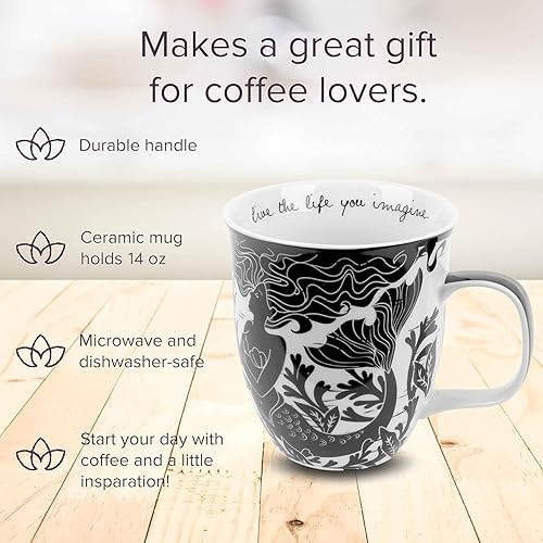 Miniatura 2 de Karma Gifts - Taza bohemia de 16 onzas, color blanco y negro, diseño de sirena, bonita taza de café y té, tazas de café de cerámica para mujeres y