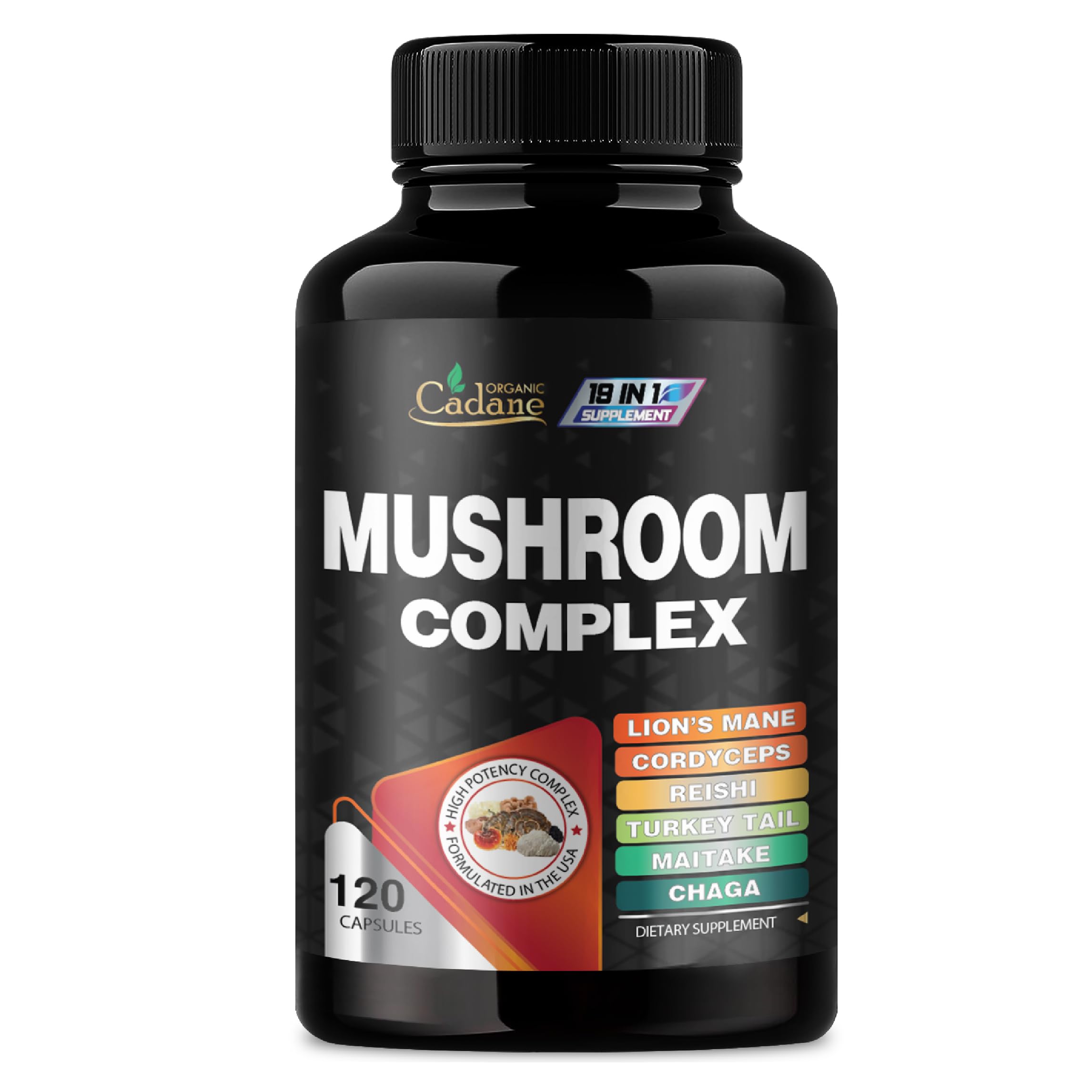 Cadane Mushroom Complex Supplements - 19in1 Concentrated with Lions Mane, Cordyceps Sinensis, Reishi, Turkey Tail Mushroom, Maitake, Chaga, Shiitake, Enoki & More - 120 Caps for 4 Months Supply