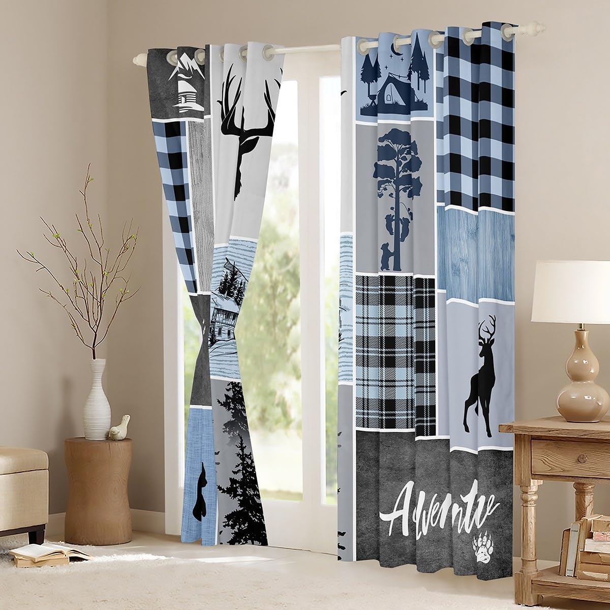 Manfei Deer Antler Window Curtains,Bear Paws Rustic Farmhouse Xmas Window Drapes for Kids Boys Girls Adults,Plaids Patchwork Adventure Blue Window Treatments Grommet Top 2 Panel Set,42Wx63L inch