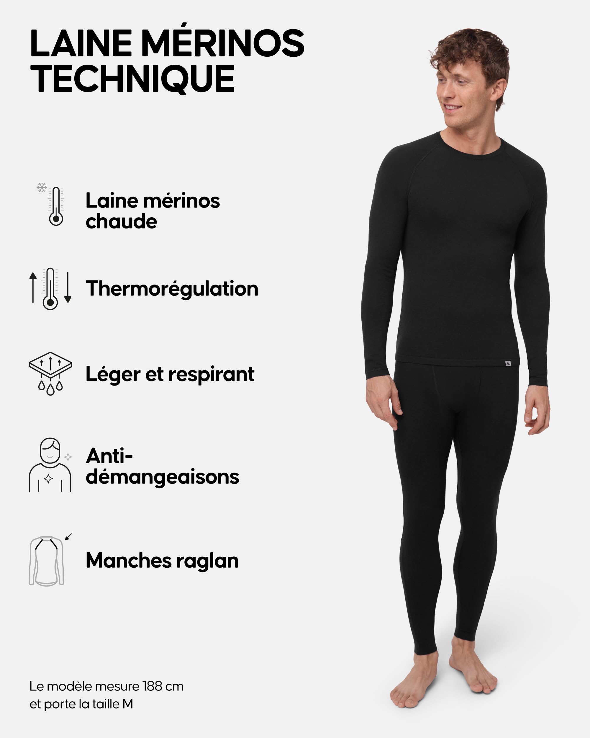 DANISH ENDURANCE sous-Vêtements Thermiques en Laine Mérinos, Ensemble de Couches de Base (Haut et Bas) sous-Vêtements pour Hommes, Vêtements Thermiques