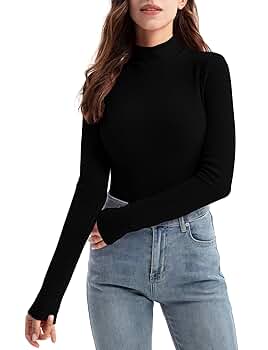 Zengjo Mock Neck Long Sleeve Tops for Women(Black,XS) at