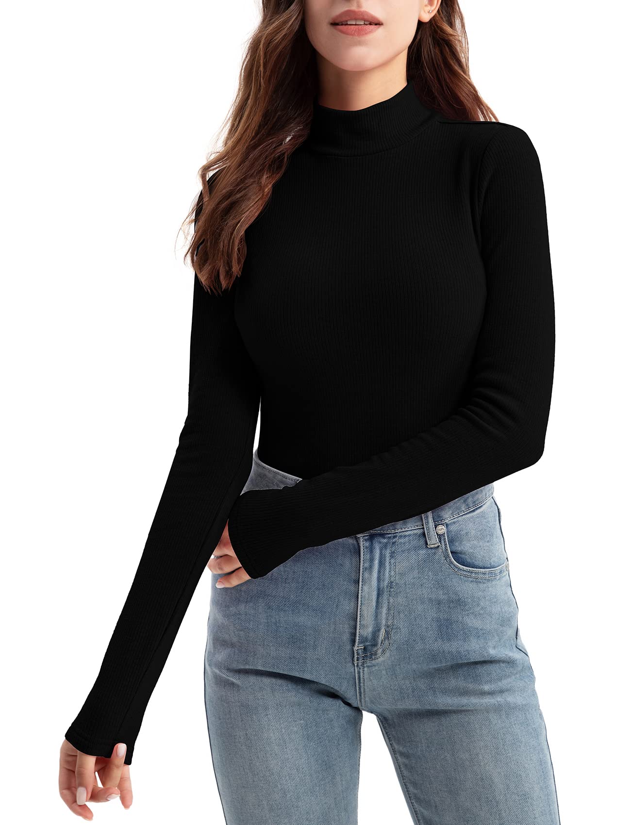 Long Sleeve Mock Neck Tops for Women-Ribbed Thermal Shirt(Black,L)