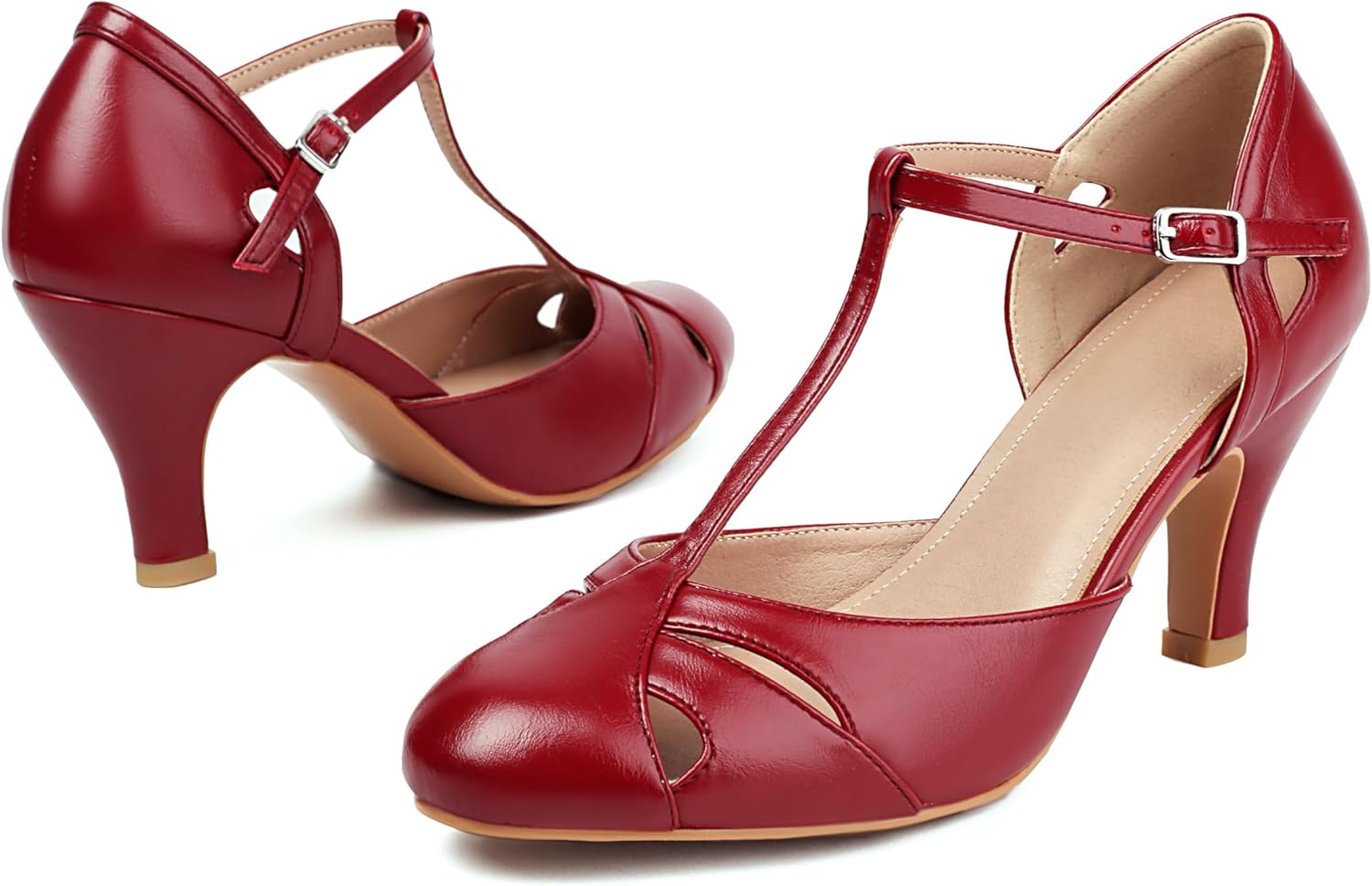 Elerhythm Women's Mary Jane Vintage T Strap Closed Round Toe Heels Retro 1950s Pumps 1920s Victorian Shoes