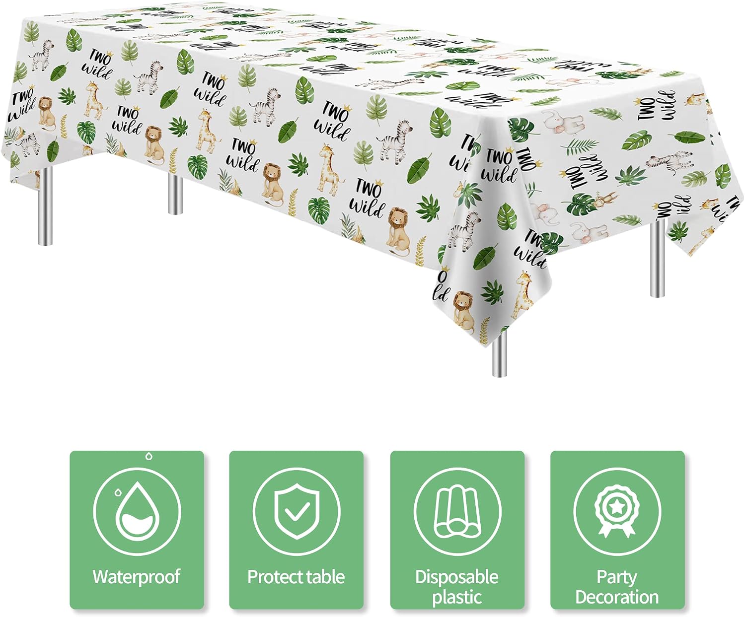 Two Wild Birthday Tablecloth Decorations, Disposable Safari Jungle 2nd Birthday Party Table Cover, Wild Animal Theme 2 Year Old Party Table Cloth, 3 Pack, 54in x 108in