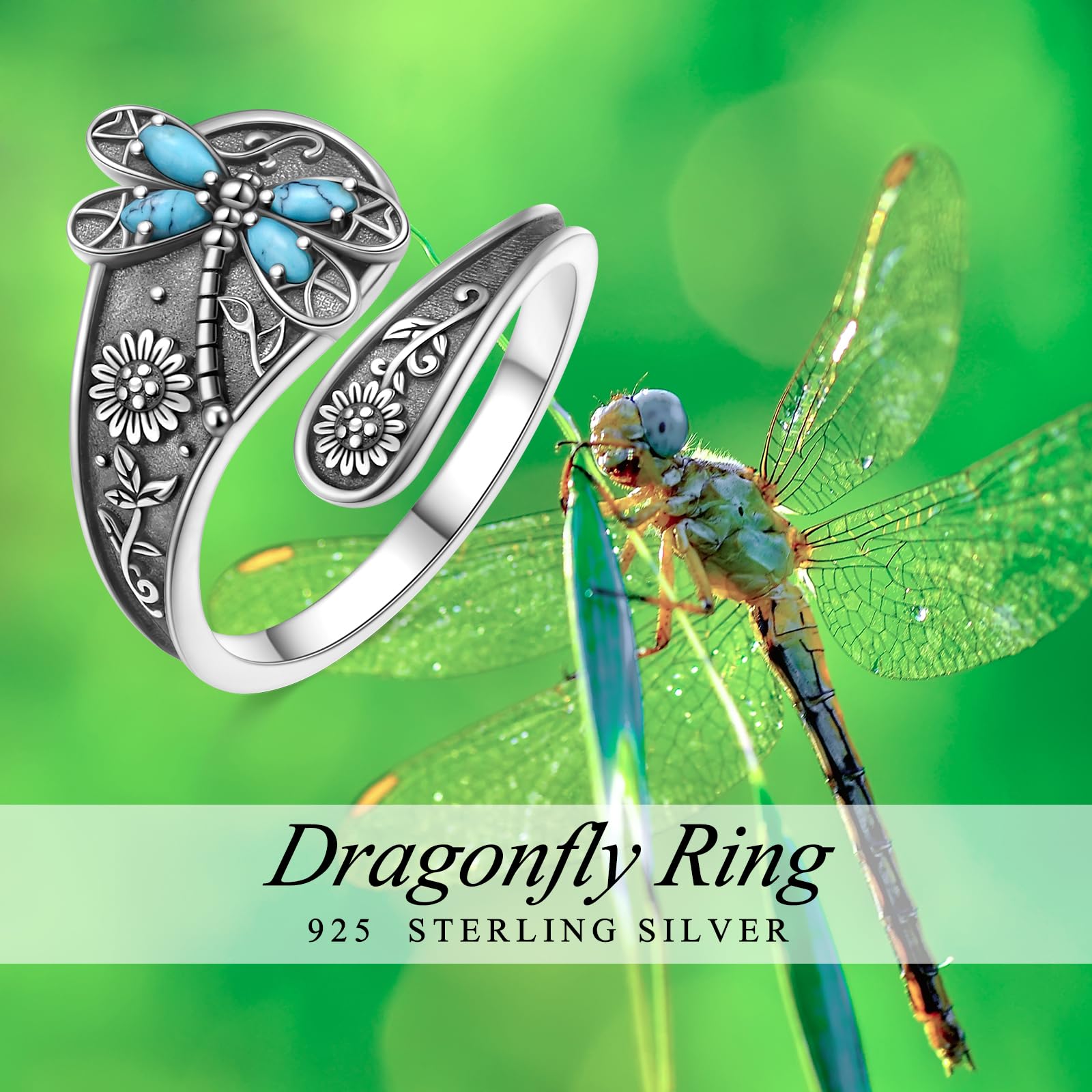 Verstellbarer Ring mit Libellen-/Lotus-/Kolibri-/Kreuzmotiv für Frauen und Mädchen 925 Sterlingsilber antike Blumen-Löffelringe oxidiert inspirierender Bandschmuck
