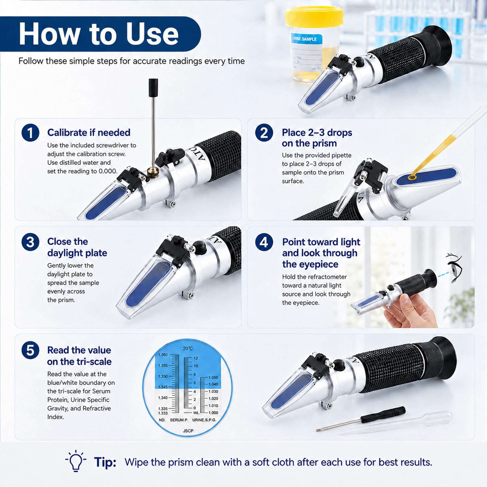 Clinical Refractometer - 3-in-1 Protein & Gravity Testing -3