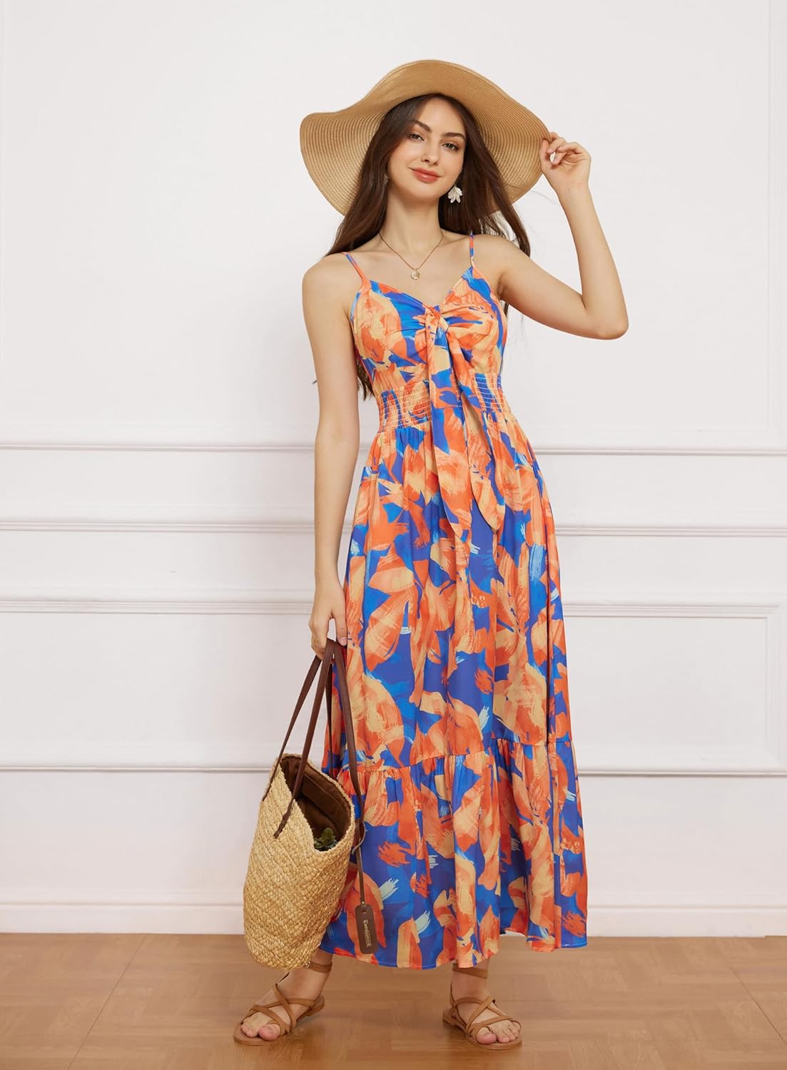 GRACE KARIN Women's 2026 Summer Maxi Dress Floral Tie Front Spaghetti Strap Casual Boho Beach Flowy Sundress with Pockets - Image 8