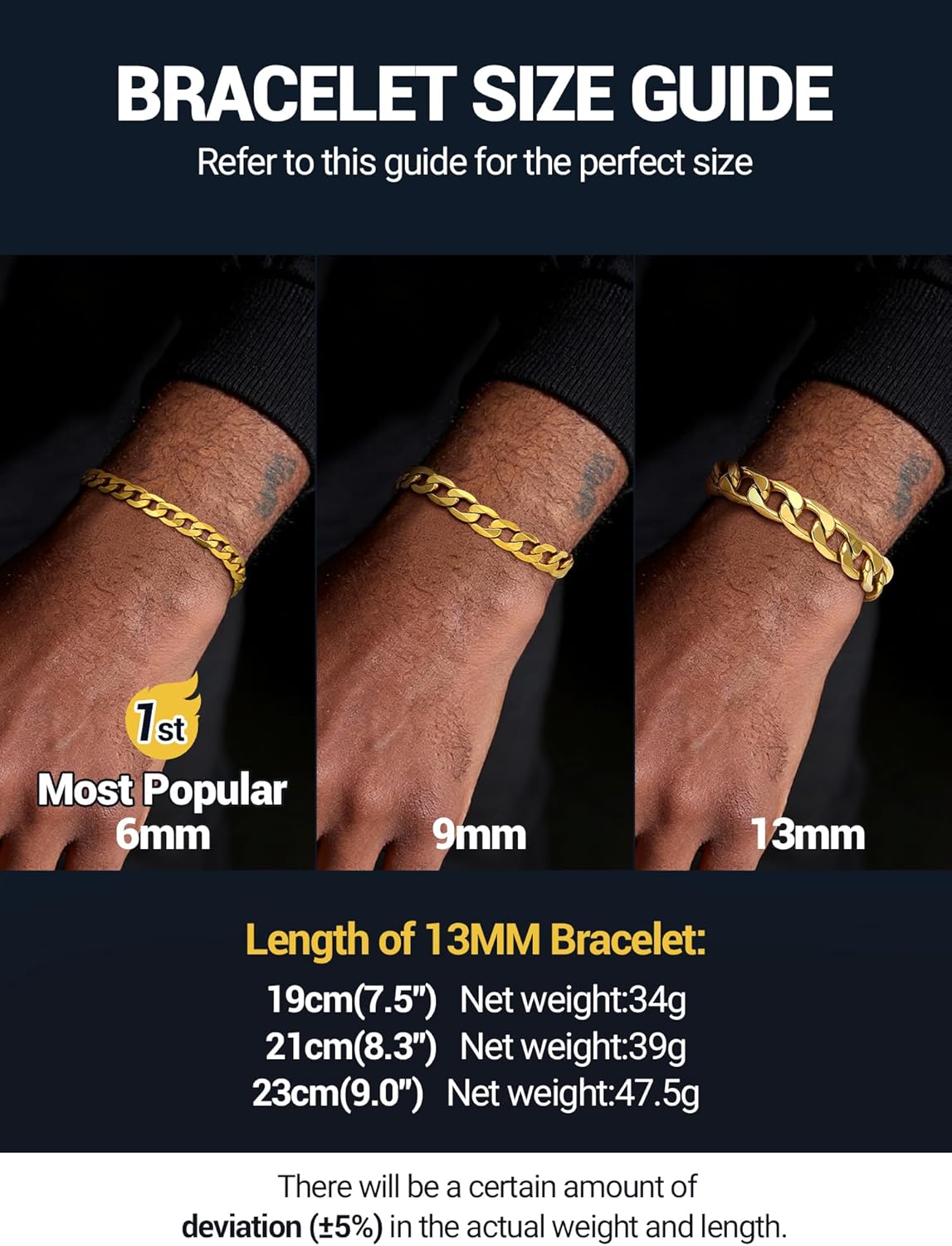 PROSTEEL 316L Stainless Steel Bracelet For Men, Stylish Figaro Chain, Hypoallergenic Jewelry, Black/Gold/Silver Tone, W:6mm-13mm, L:7.5"/8.3", Come with Box