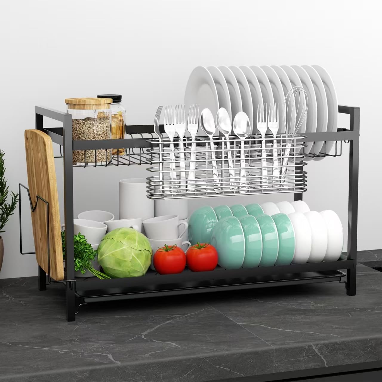Soporte para utensilios de acero inoxidable 304, estante de secado de cubiertos con ganchos para escurridor de platos, cuchillo y tenedor con 3 compartimentos divididos, accesorios de cesta de drenaje
