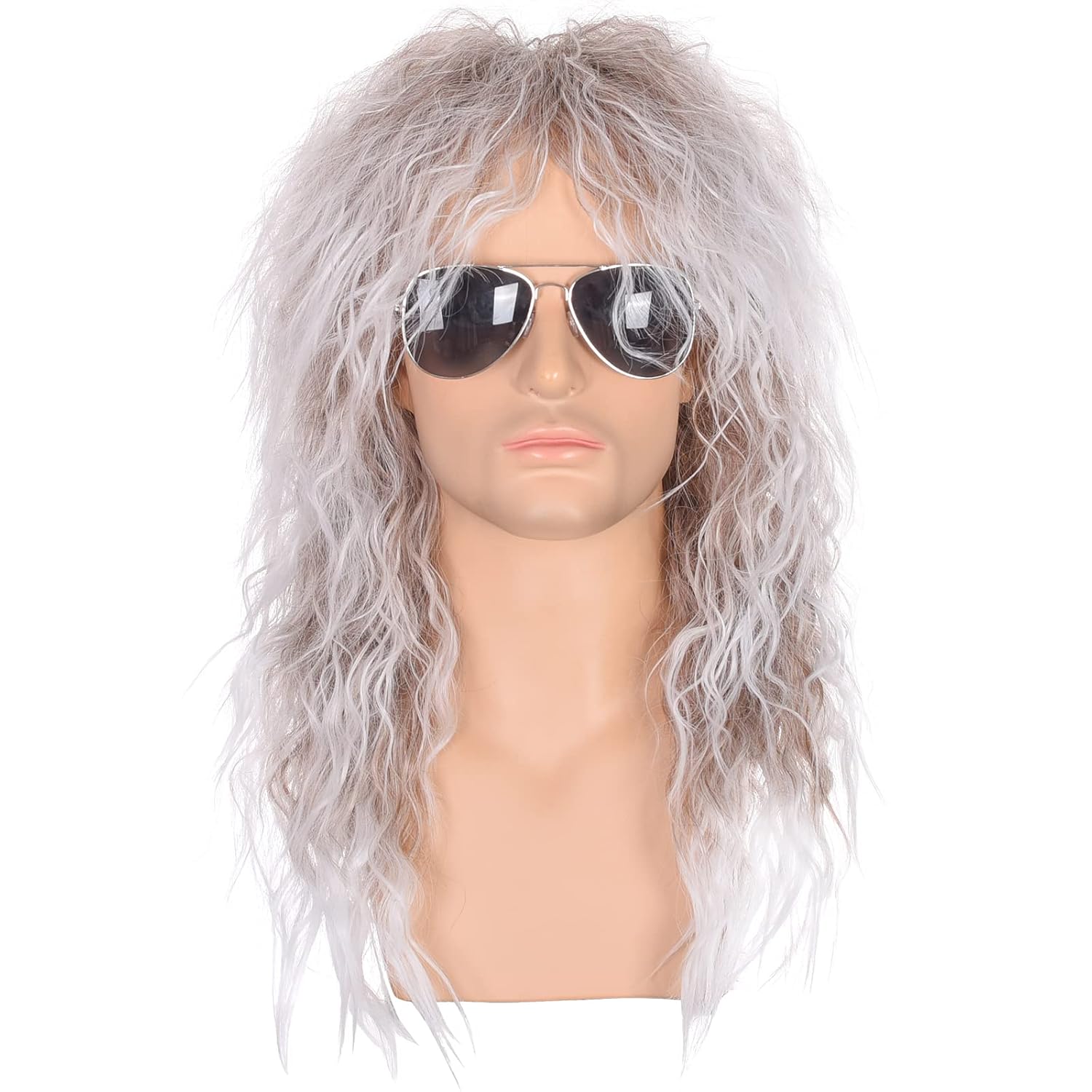 morvally Men’s 80s Style Wigs | Long Curly Silver Gradient Brown Synthetic Hair | Heavy Metal, Glam Rock-Rocker Wig | Perfect for Halloween, Cosplay, DIY Themed Costume Party