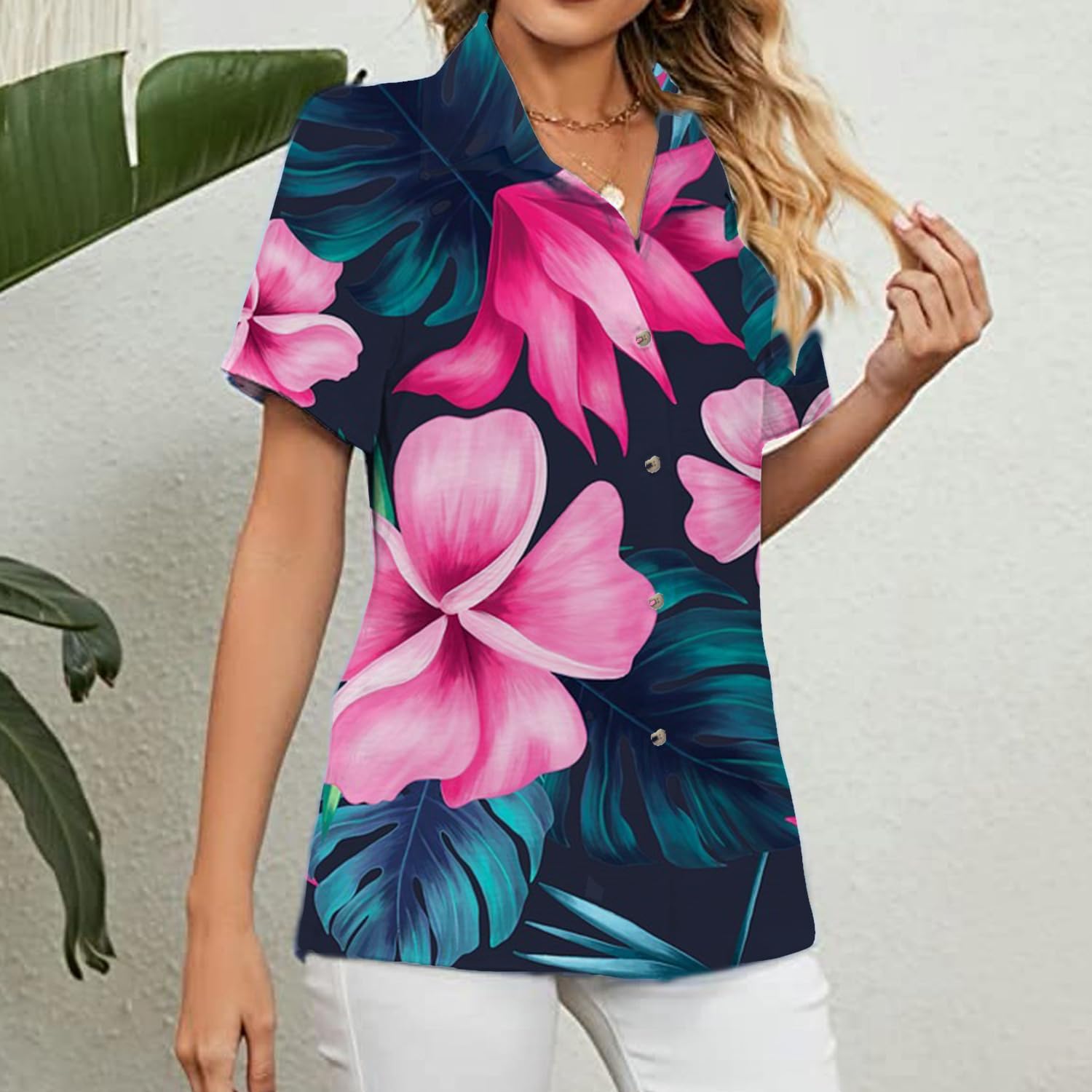 Womens Button Down Shirts Short Sleeve Summer Linen V Neck Collared Hawaiian Floral Print Cat Casual Blouse Tops - Image 4