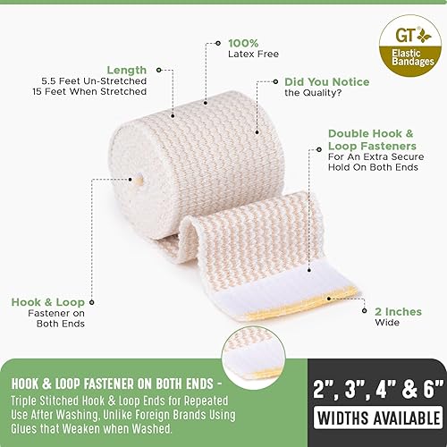 Miniatura 5 de Vendaje elástico de alta calidad (paquete de 2 pulgadas, 2 unidades), cierres de velcro en ambos extremos, rollo de compresión hipoalergénico sin