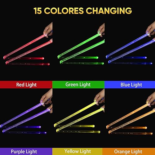 Miniatura 2 de Baquetas de batería recargables con 15 colores cambiantes LED personalizados para adultos y niños, accesorios de batería