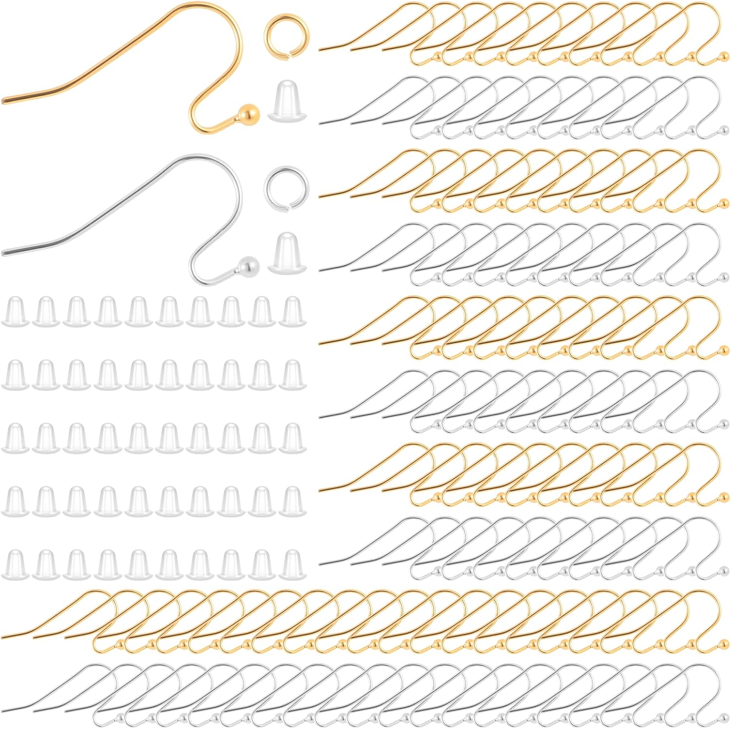 600Pcs Earring Hooks Earring Making Supplies Kit Includes French Earrings Hooks Ear Wire and Earrings Backs Jewelry Findings(Silver & Gold)