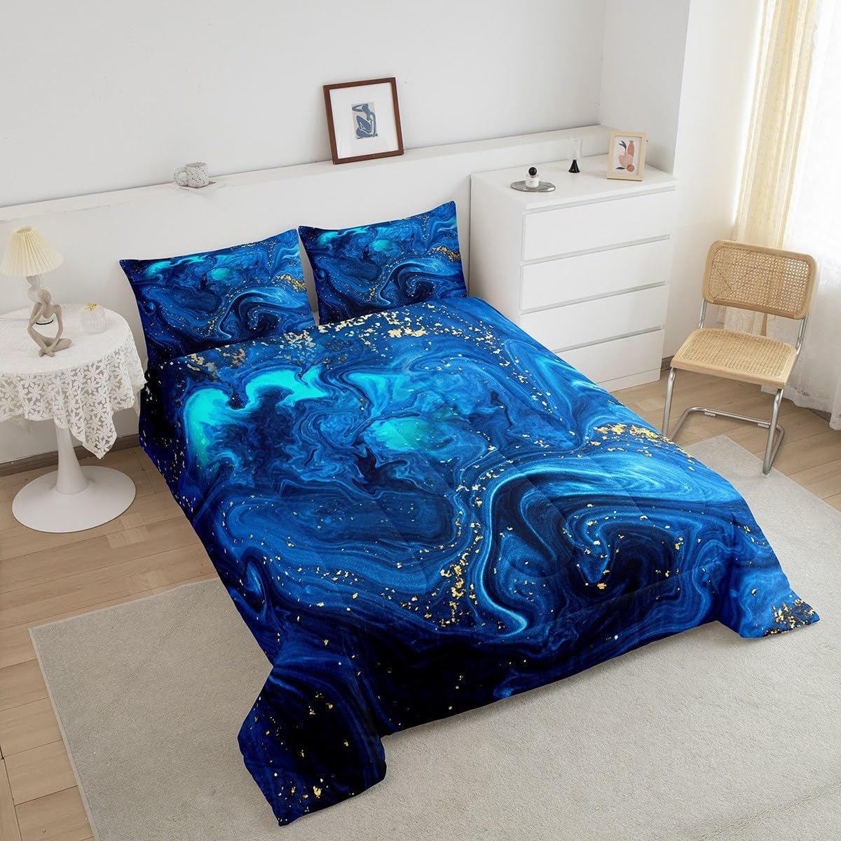 Erosebridal Ombre Blue Marble Queen Comforter Set, Black and Blue Marble Bedding Set for Men Teens Boys, Modern Golden Glitter Down Comforter, Watercolor Tie Dye Art Duvet Insert, Ocean Blue 3Pcs - Image 3