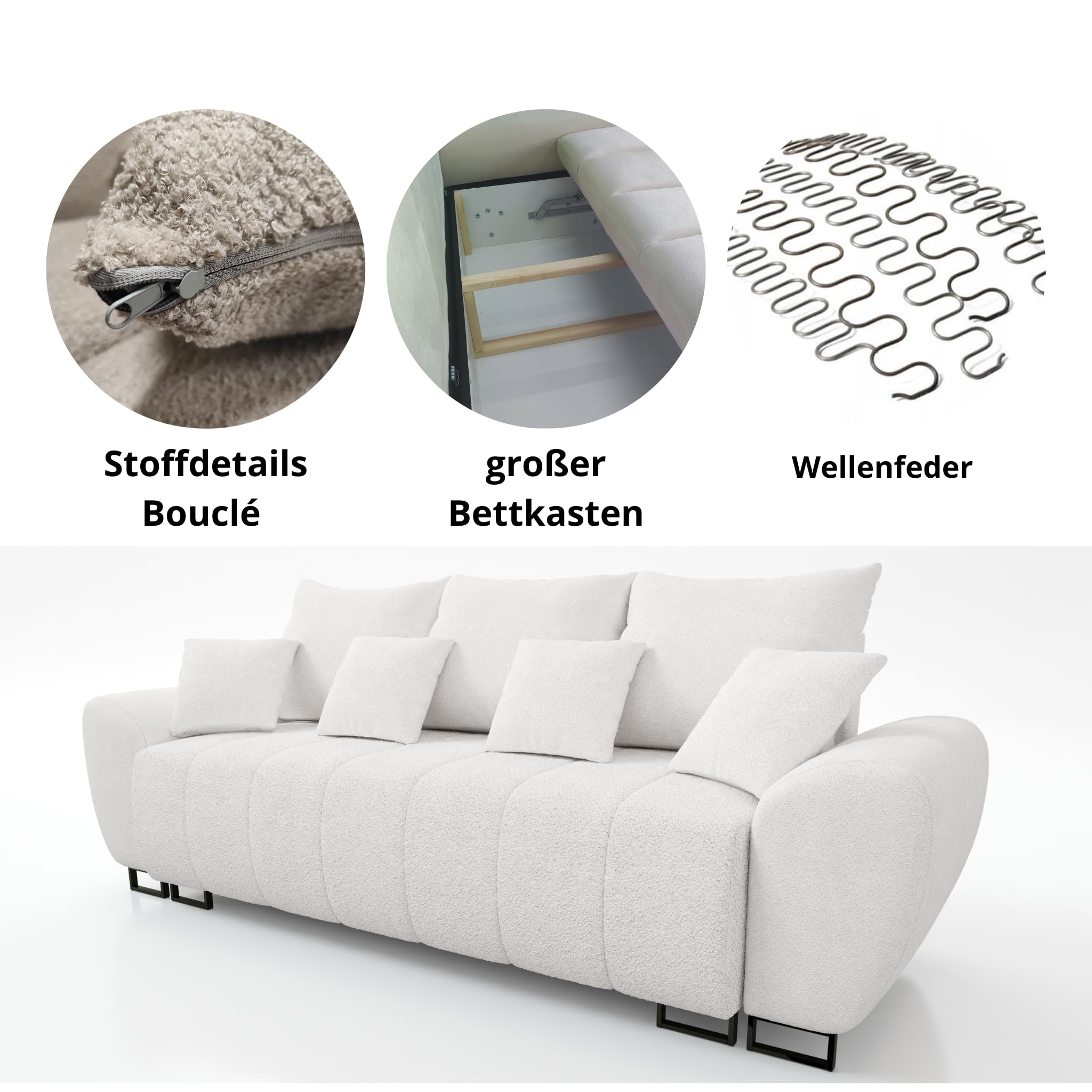 Ragnar 3 Modernes Schlafsofa, Weiß, Boucle Stoff, 270x103x83 cm, Schlaffunktion 150x200 cm, Bettkasten, Wohnzimmer Couch mit 7 Kissen, Metallbeine
