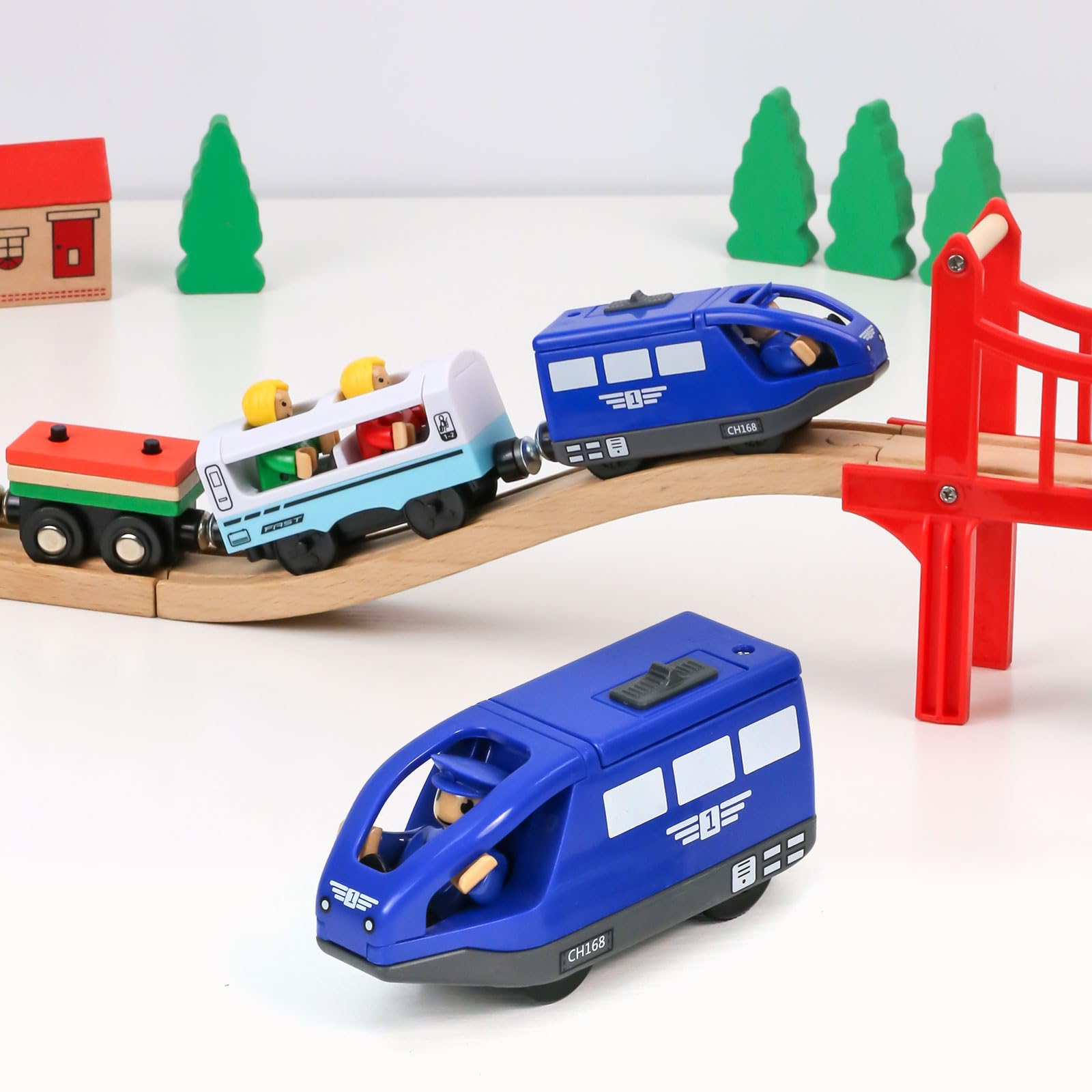 EVERGD Wooden Train Set for Toddler–Sturdy 39 Pcs Wooden Toys Train Track with Battery Operated Magnetic Electric Train Expandable Train Toy for Kids Age 3 Years Up (Blue Electric Train)
