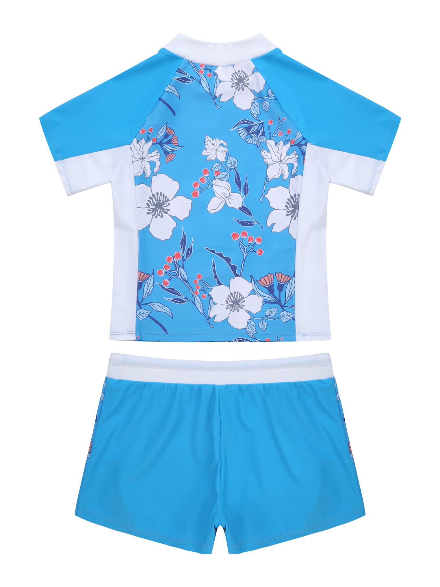 YEAHDOR Girls Kids 2 Pieces Athletic Swimsuit Floral Printed Rashguard Shirts with Shorts Dive Wetsuit Blue 12 Years