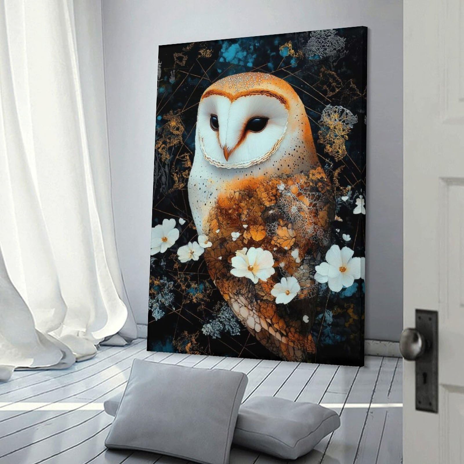 Junmoney Barn Owl with Floral Accents Home Decor Wall Art, 20x30inch(50x75cm), for Apartments, Flats Or New Home Decor, An Easy Choice for New Home Styling