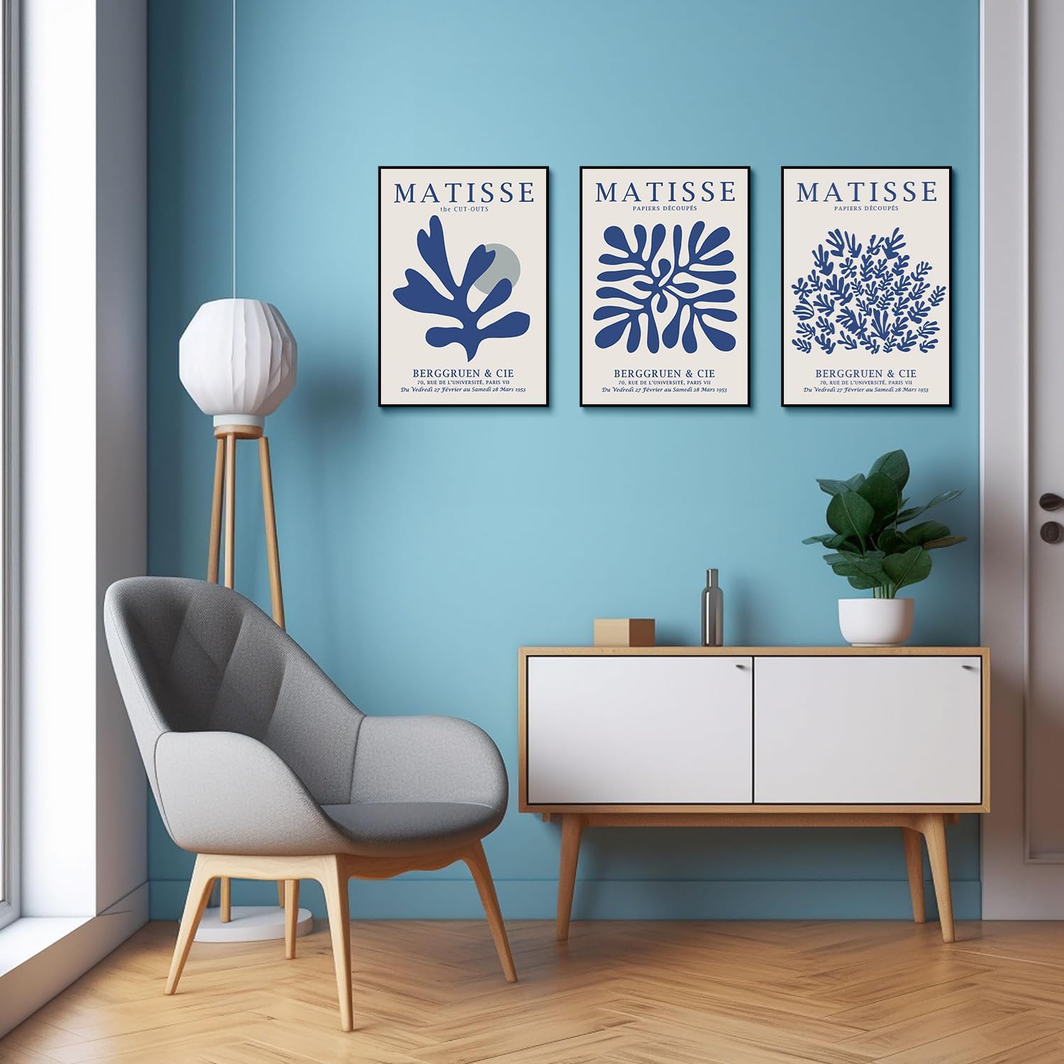 3Pcs Matisse Wall Art Abstract Henri Matisse Canvas Wall Decor Navy Blue Flower Market Minimalist Aesthetic Paintings Prints Posters for Bedroom Living Room Bathroom Home Decor 16x24inch Unframed