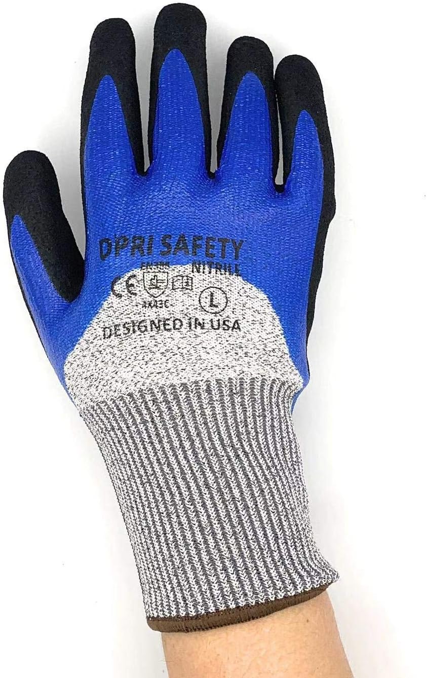 6 PAIRS LARGE BLUE CUT RESISTANT SANDY NITRILE COATED WORK GLOVES