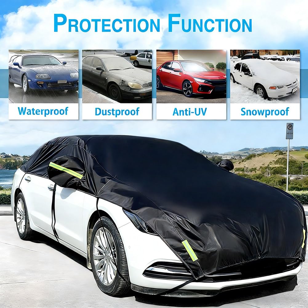 Media Cubierta de Coche Funda de Carrocería Cubierta de Parasol Funda de Nieve Cubierta de Parabrisas Impermeable Resistente a los UV Paño Poliéster 210D con Algodón Delgado (Sedán)
