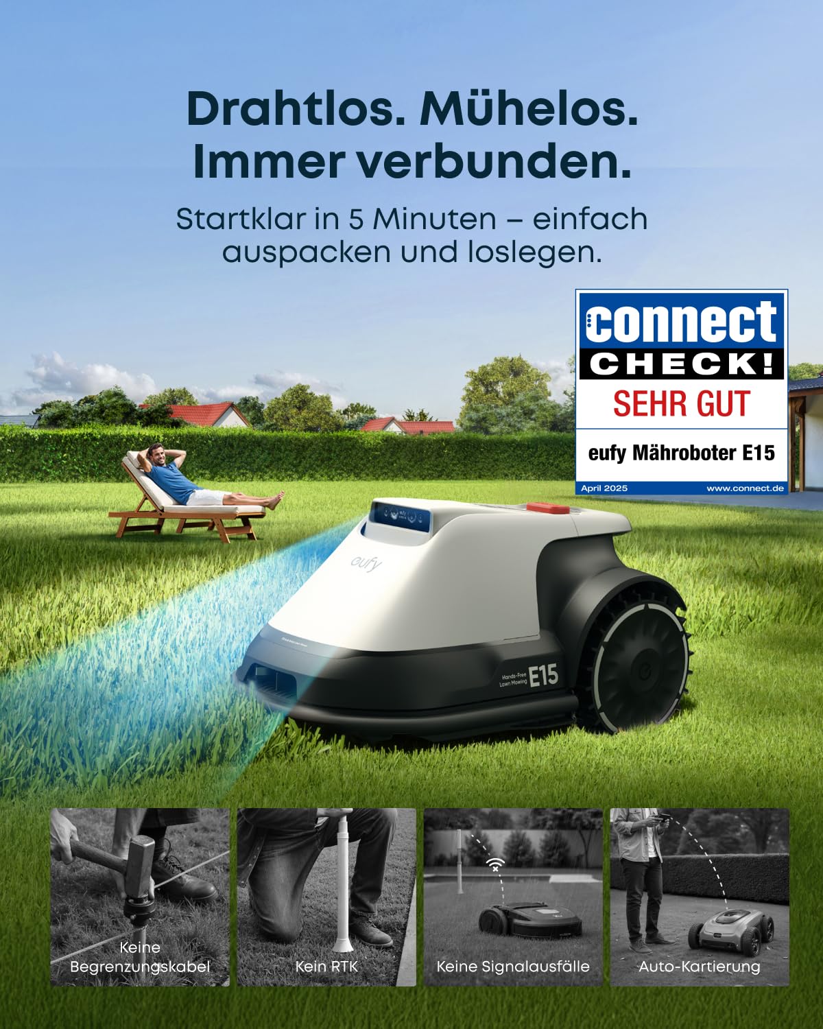 eufy E15 Mähroboter ohne Begrenzungskabel, Keine Signalausfälle, Kein RTK, TrueVision Technologie, Smart-Navigation, Garten bis 800m², Präzisionsrandschnitt,…