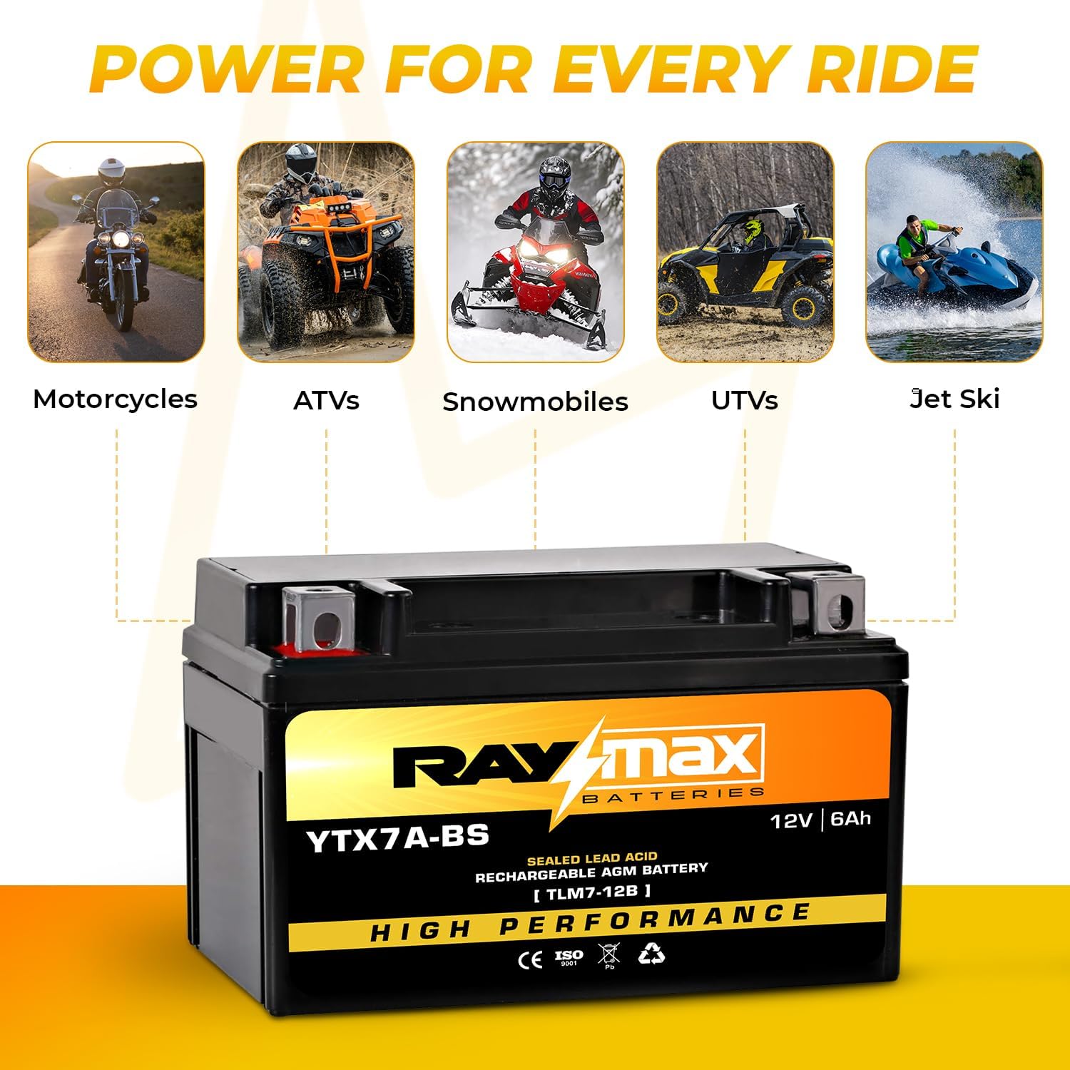 YTX7A-BS AGM Battery – 12V 6Ah | High Performance Sealed Lead Acid Power Cell | Perfect Fit for Motorcycles, ATVs, Scooters, and More – Maintenance-Free | Dimensions: 5.9"L x3.42"W x 3.69"H.