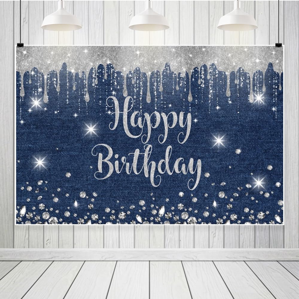 Leowefowa Baner "Happy Birthday", 2,4 x 1,2 m, winylowe, niebieskie, dżinsy, diamentowa kropla, na sesję zdjęciową, srebrne tło obrazowe dla dziewcząt, przyjęcie urodzinowe, baner, materiały
