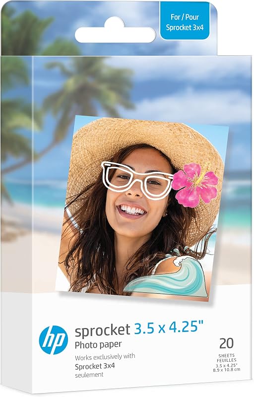 Papel fotográfico HP Sprocket de 3,5 x 4,25 pulgadas con reverso adhesivo Zink (paquete de 20) Compatible con fotomatón e impresora fotográfica Sprocket 3x4