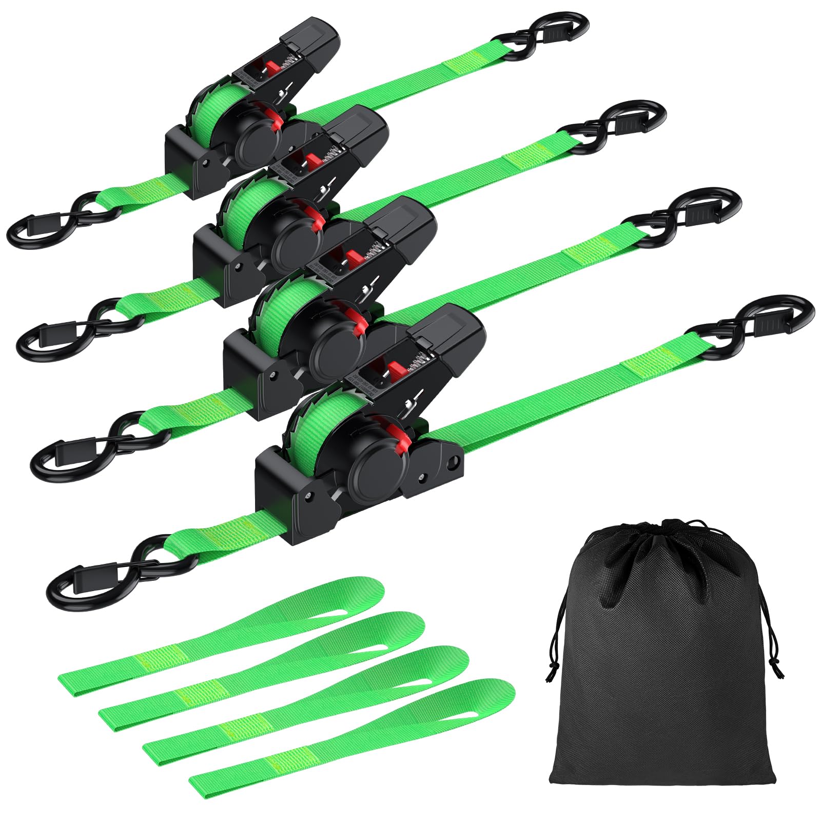 EYPINS Correas retráctiles de Amarre de trinquete (Paquete de 4) – 3,5 m de Longitud, 640 kg de Resistencia a la Rotura, Mecanismo de retracción automática, Ganchos en S con Bloqueo de Resorte y Asas