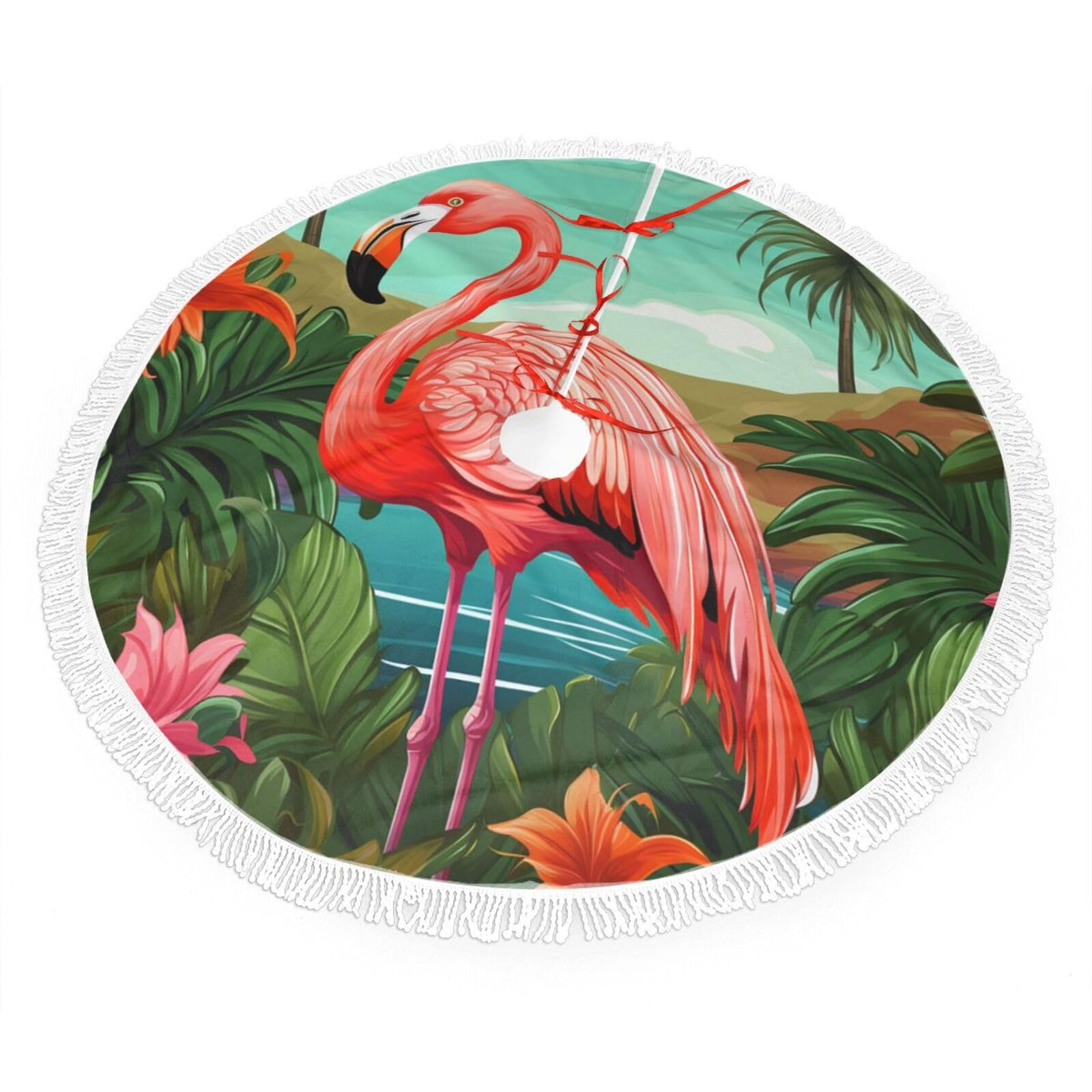 Tropical Flamingo Christmas Tree Skirt 48", Soft Plush Xmas Tree Carpet with Tassel Christmas Ornaments Winter Holiday Tree Mat Decoration for Home Party Supplies