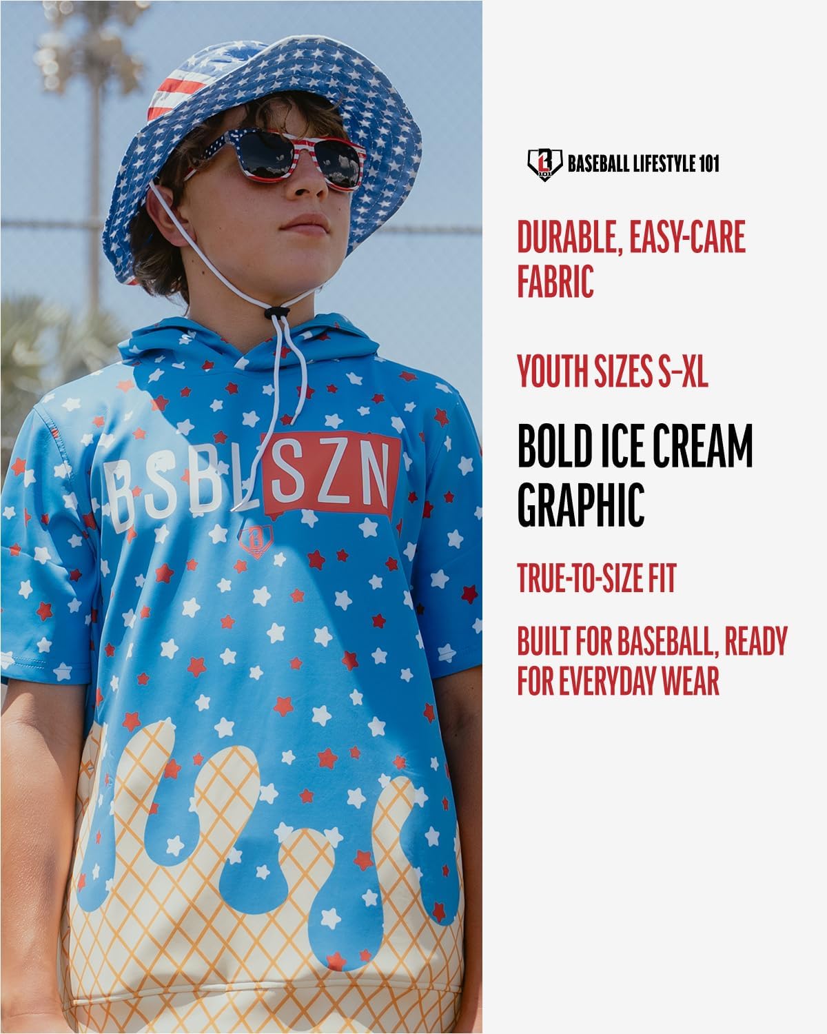 Baseball Lifestyle 101 BSBL SZN Youth Short Sleeve Hoodie with Front Pouch Pocket V2 Ice Cream Sizes Youth Small to XL